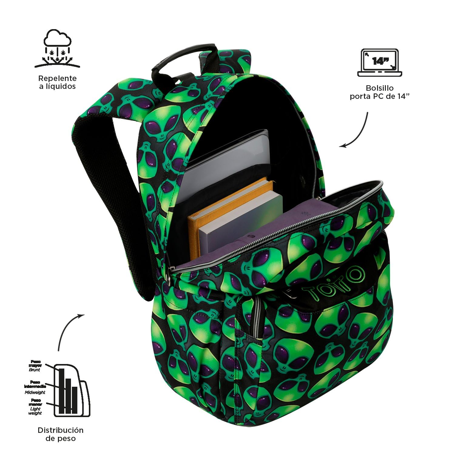 TOTTO - Mochila Escolar Adaptable a Carro, Modelo Acuareles, Capacidad 20 L, Bolsillo para Pc 14", 2 Bolsillo Botella, Espaldar Ergonómico con Flujo de Aire, Cómodas Correas en S, Estampado Ali