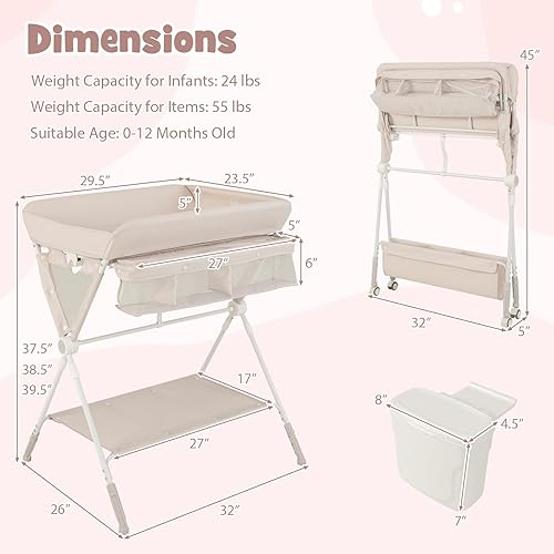 Miniatura 7 de BABY JOY Cambiador portátil para bebé, estación de cambio de pañales plegable con ruedas, altura ajustable, estante de almacenamiento grande,