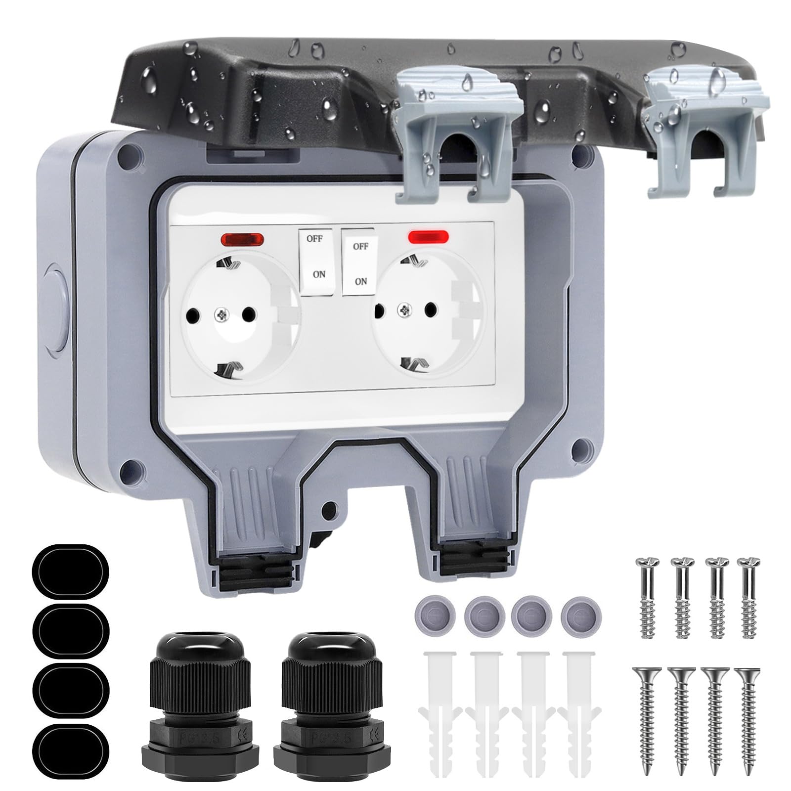 Prise Exterieure Etanche IP66 Double Prise de Courant et Volet de Protection Multiprise Electrique Murale de Jardin, Prise Anti-Poussière et Coupe-Vent avec Interrupteur, Voyant Lumineux