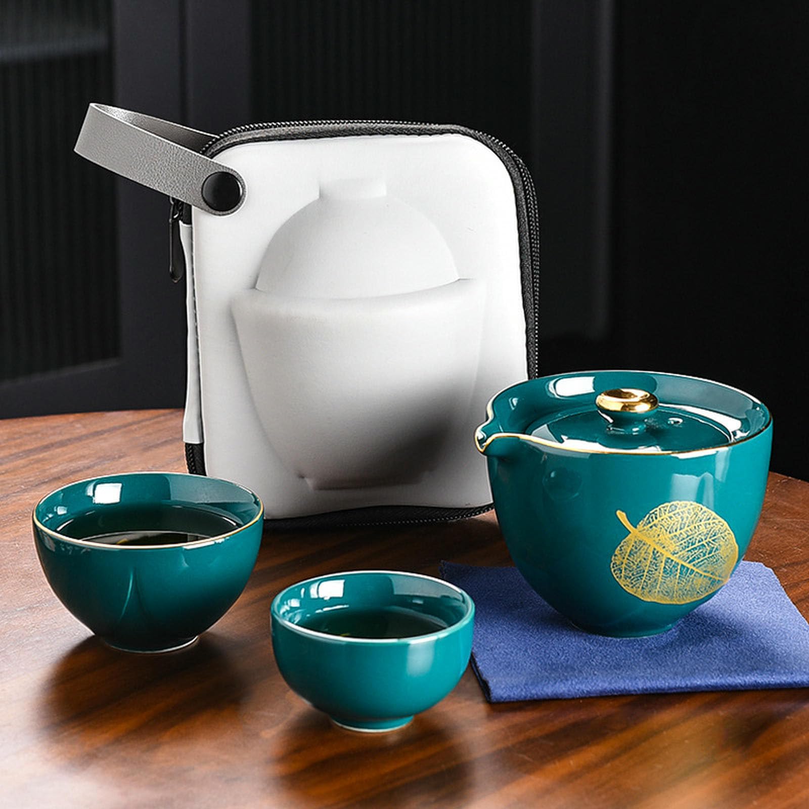 Juego de té portátil de cerámica japonesa, juego de viaje al aire libre con una olla y dos tazas, clásico negro y ciervo acompañan