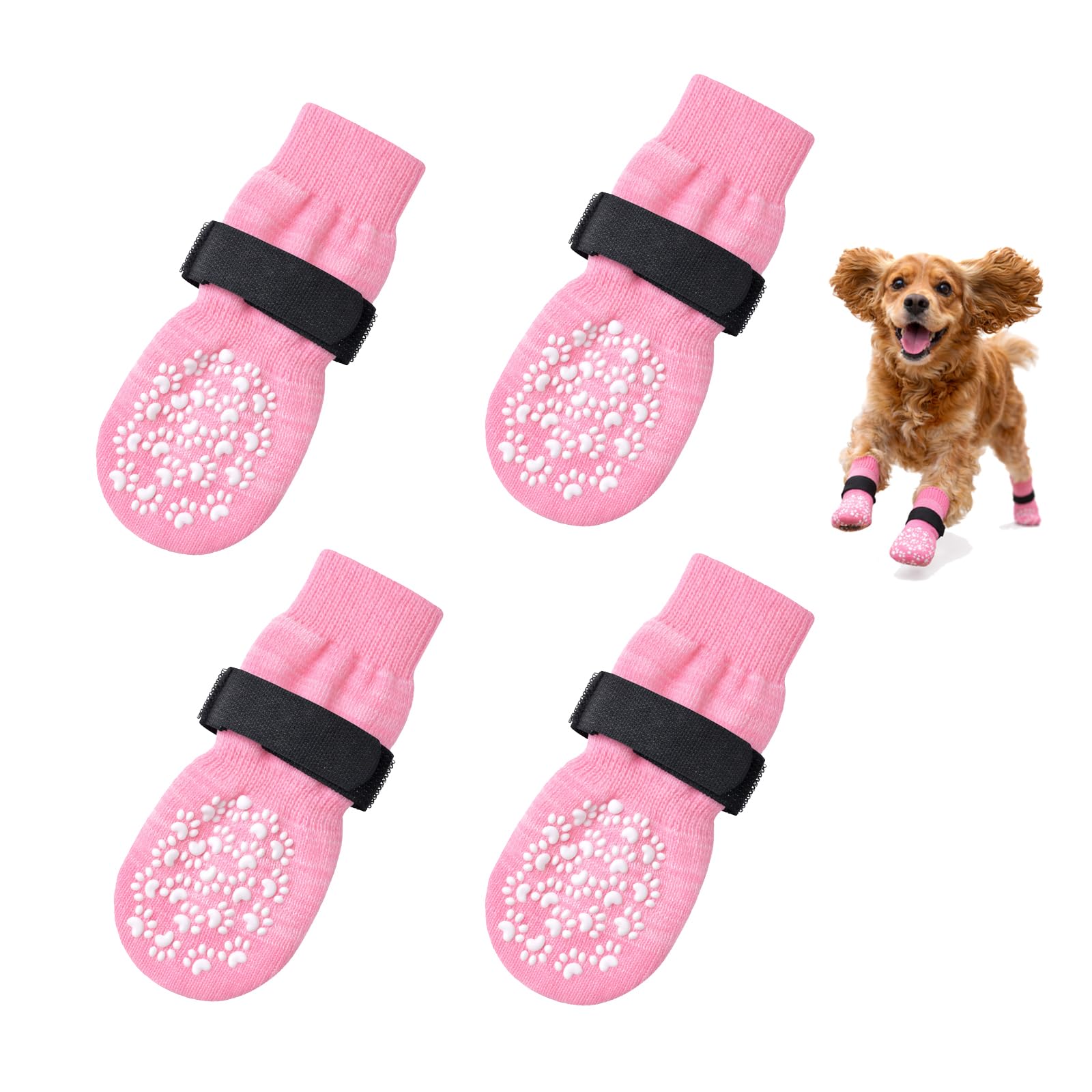 CAYLEKI Pink 4 Pairs Anti-Slip Dog Socks with Adjustable Grips for Indoor Hardwood Floors, Breathable Paw Protectors to Help Stop Licking, Designed for Senior Small & Medium Dogs