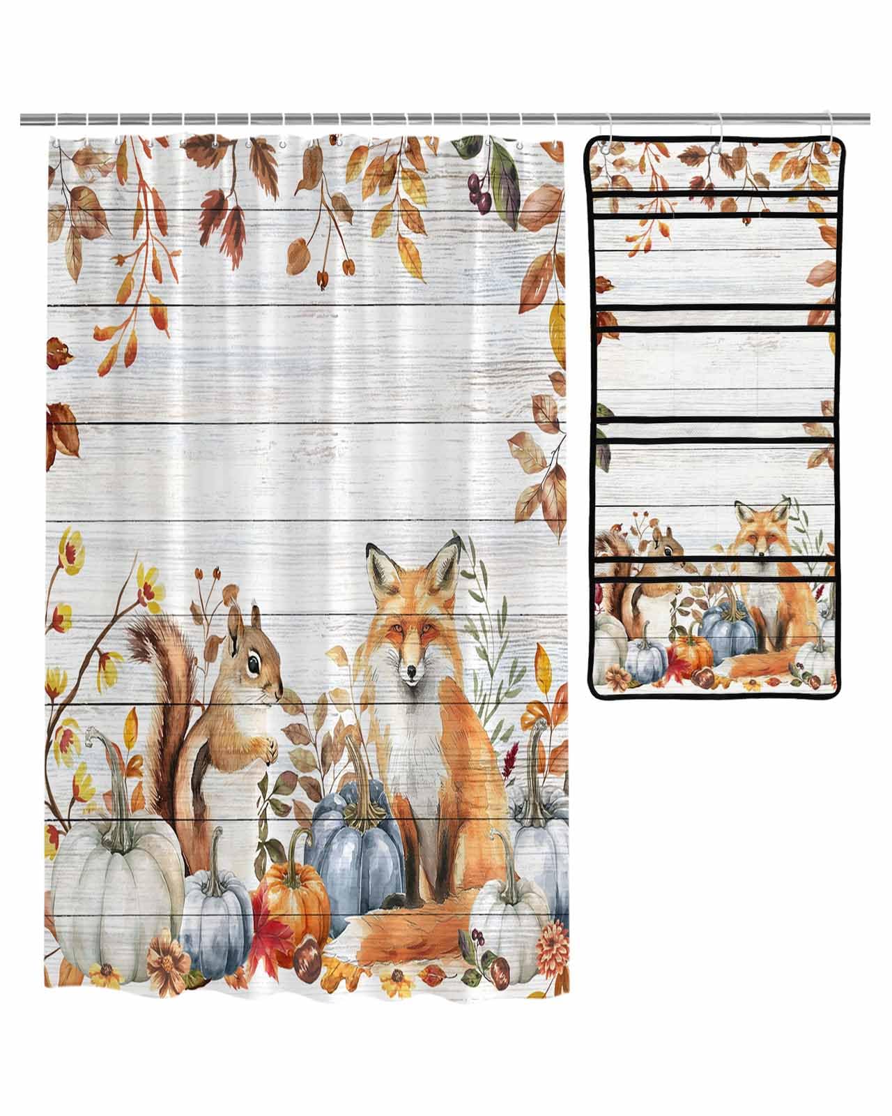 Decorative Shower Curtain Sets Wooden Grain Polyester Fabric Waterproof Bath Shower Curtains Fall Fox Floral Leaf Pumpkin White