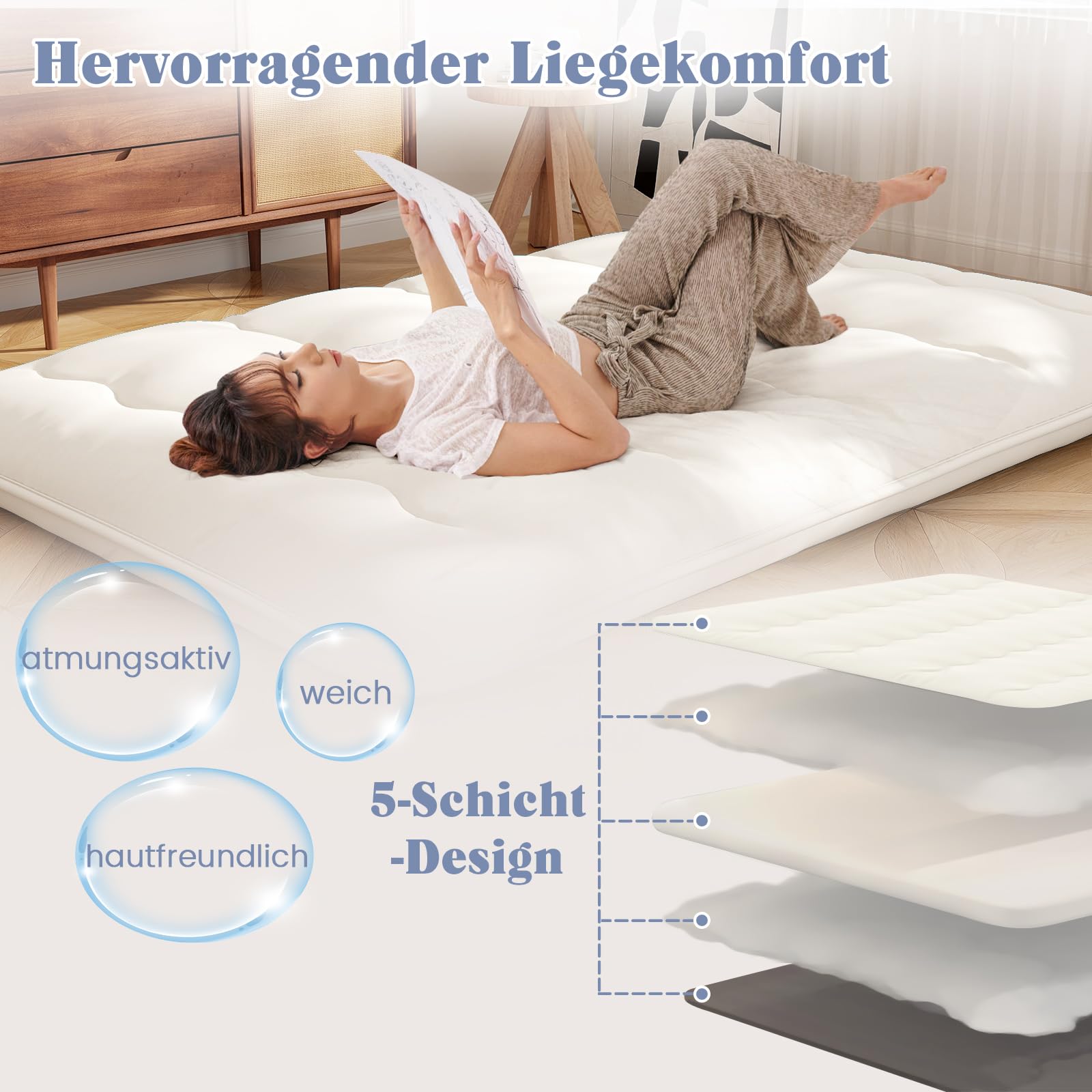 COSTWAY Japoński materac futon, mata tatami, materac podłogowy, składany materac z nadającą się do prania pokrowcem, składana mata do spania z torbą do przenoszenia, 140 x 200 cm, beżowy