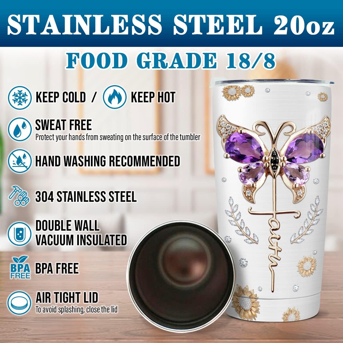 wowcugi Christian Gifts For Women Let Your Faith Be Bigger Than Fear Dragonfly Tumbler 20oz Stainless Steel Travel Mug Insulated Birthday Christmas Jesus Religious Tumblers Gifts For Christians - Image 3
