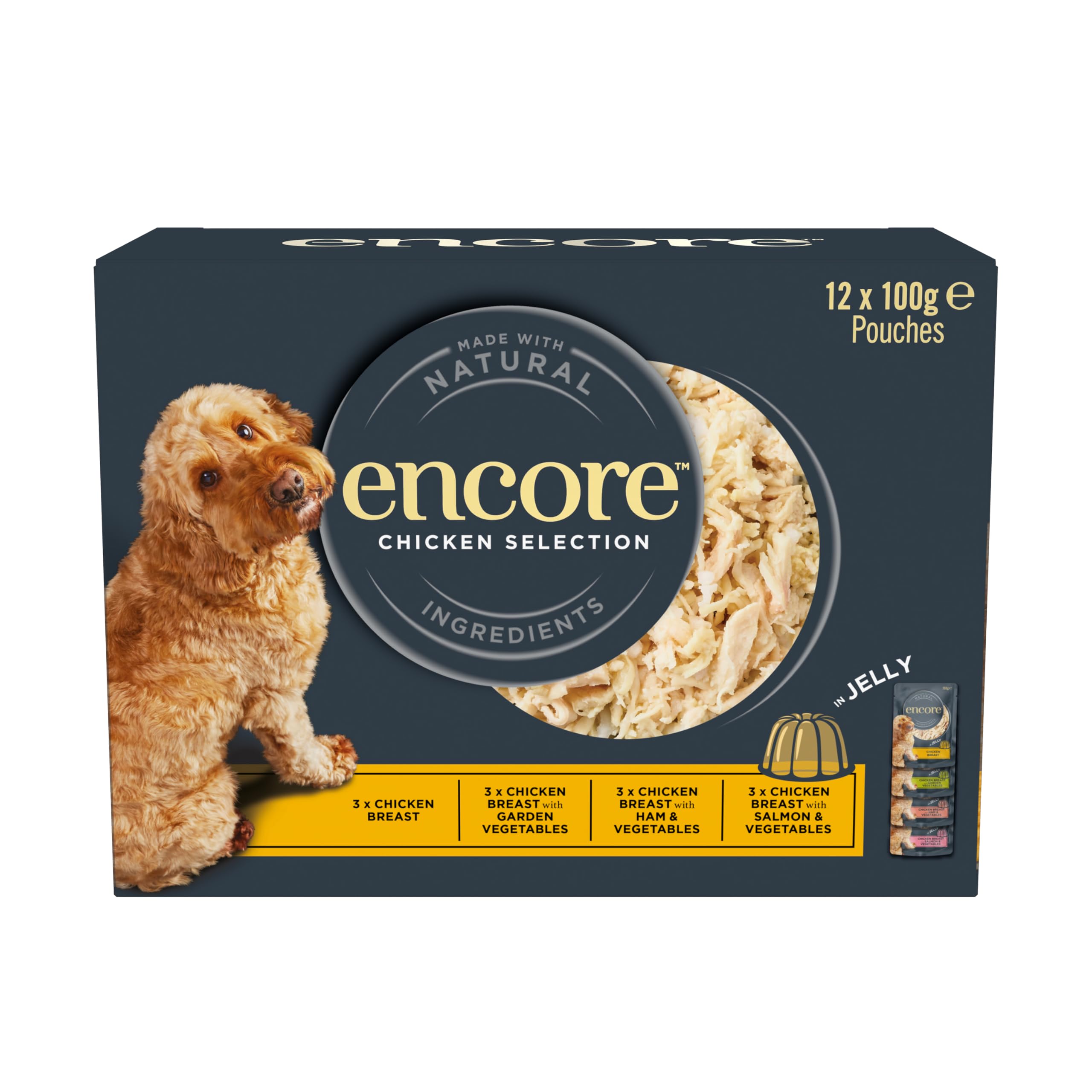 Encore Natural Adult Wet Dog Food Pouch, Chicken & Vegetabless Selection Multipack in Jelly, 12 x100g Pouches