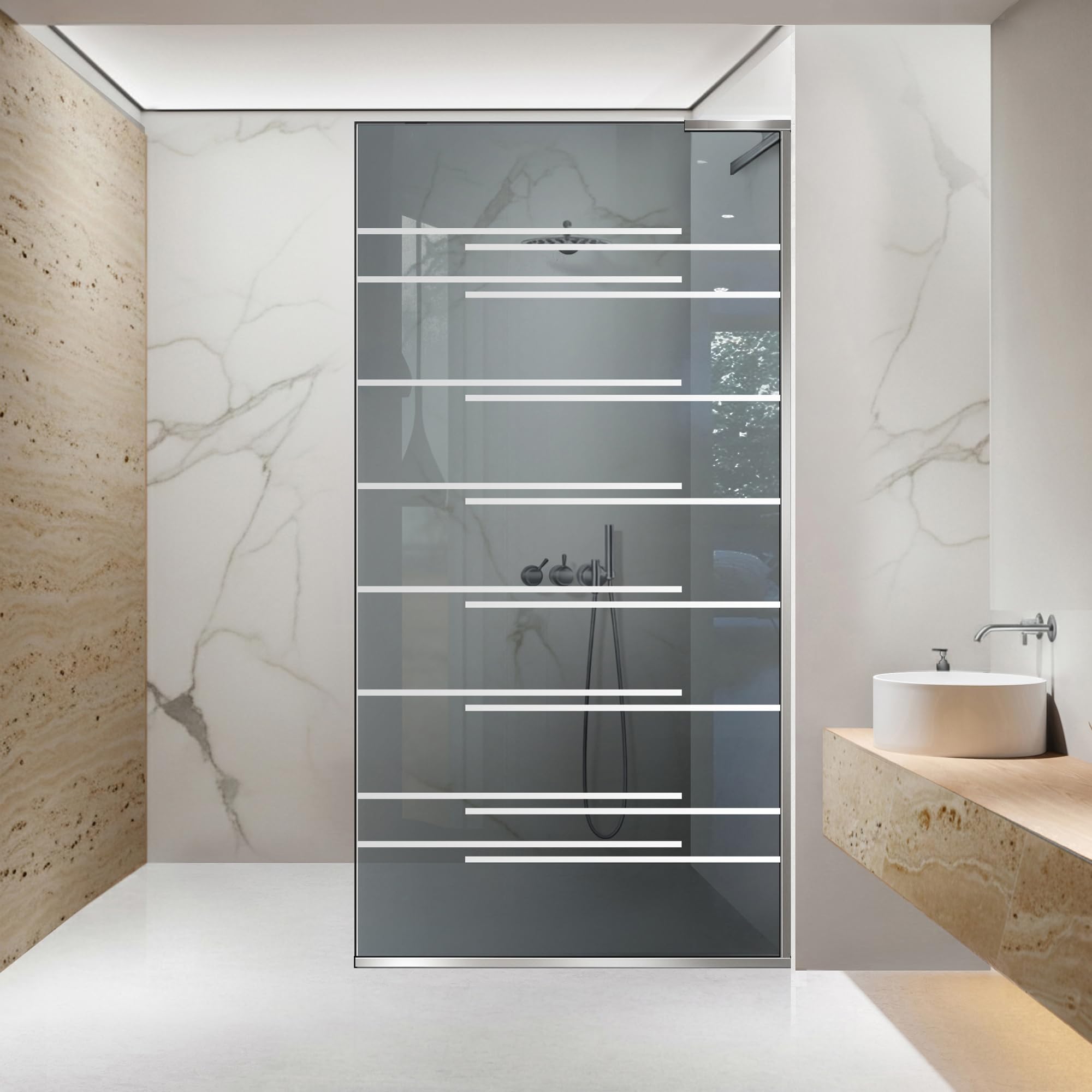Mampara de ducha de diseño Aqua Roy Axis White para baños modernos con cristal arenado gris