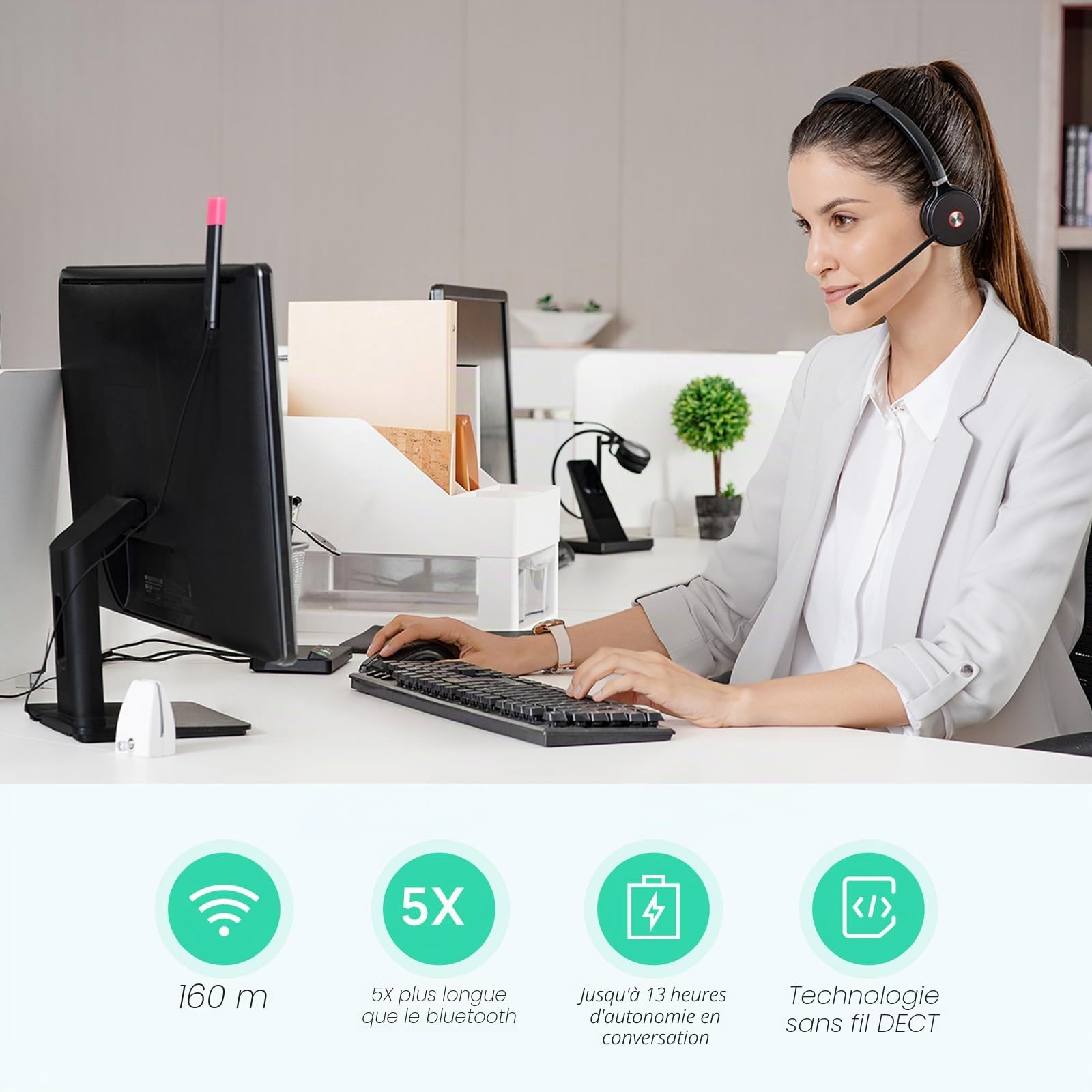 Yealink Casque sans Fil avec Micro WH62 Mono, Portée 160m, Micro Réduction de Bruit, Autonomie 13H, Compatible avec Teams/Zoom/PC et Téléphones Fixes IP