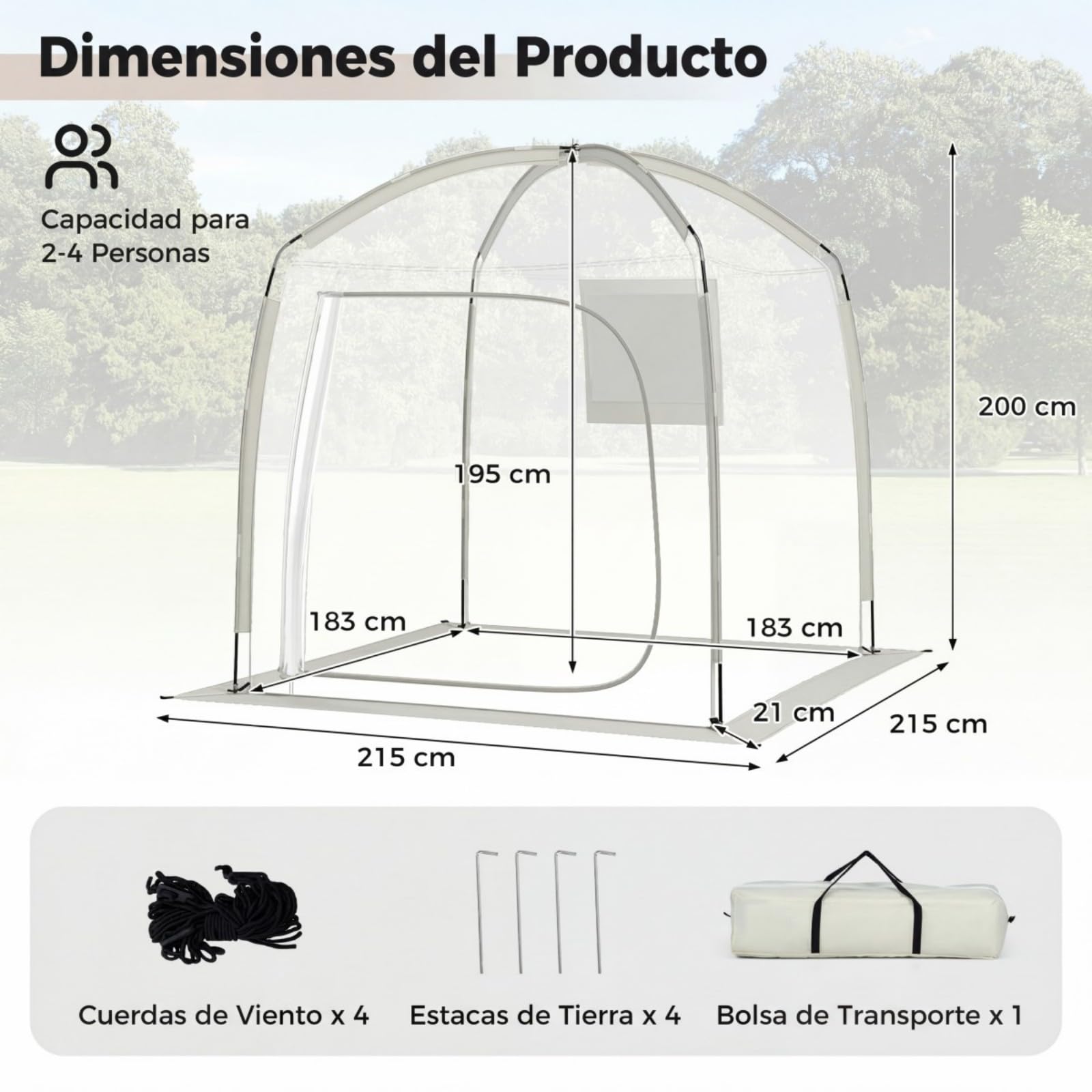 COSTWAY Tienda de Campaña Deportiva 2-4 Personas 215x215 CM Carpa Burbujas Transparente
