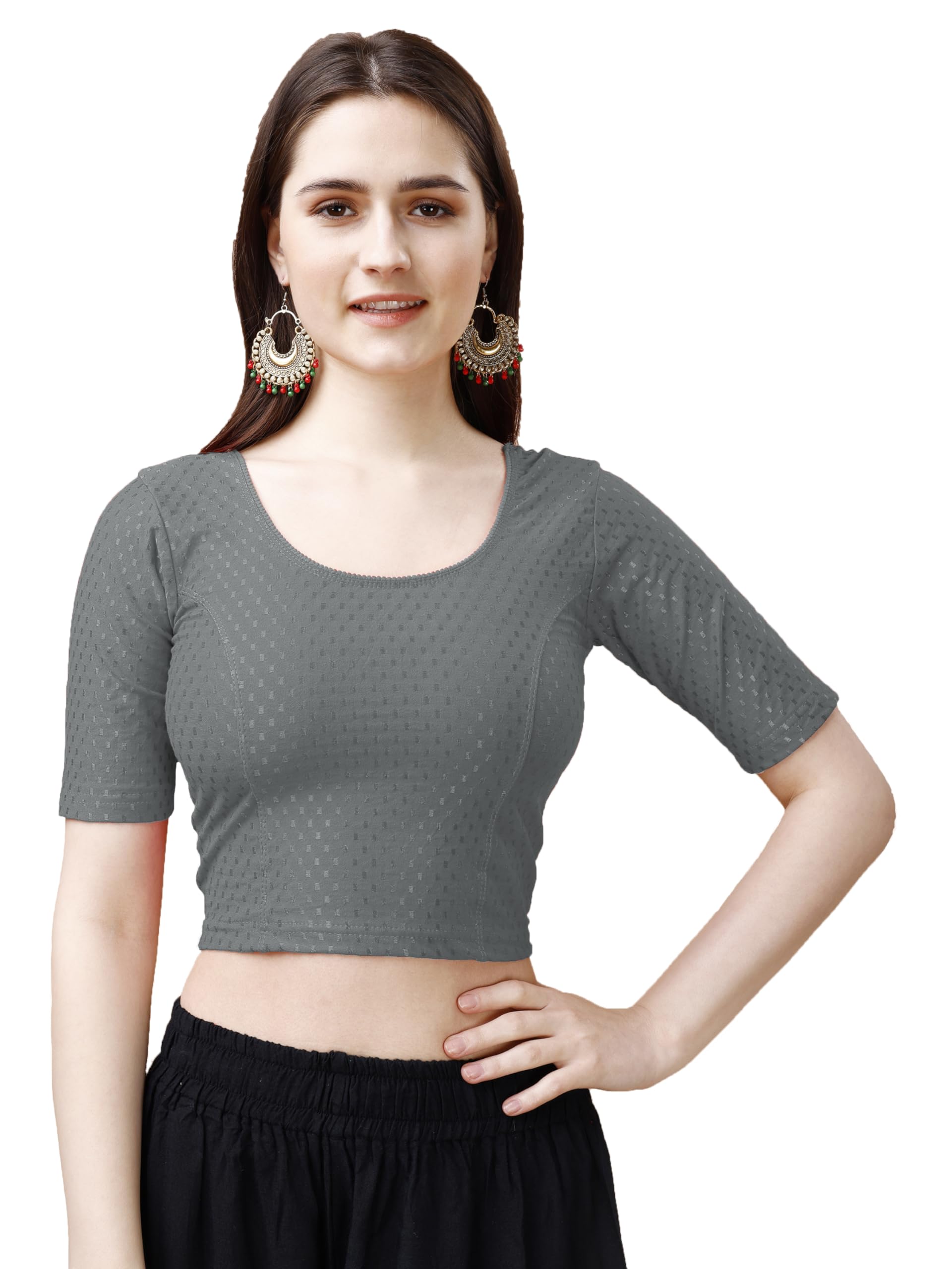 Pujia Mills Women's Readymade Dobby Cotton Lycra Stretchable Round Neck Half Sleeve Blouse Fancy Grey Color Lycra Stretchable Blouse For Women Stylish Readymade Saree Blouse