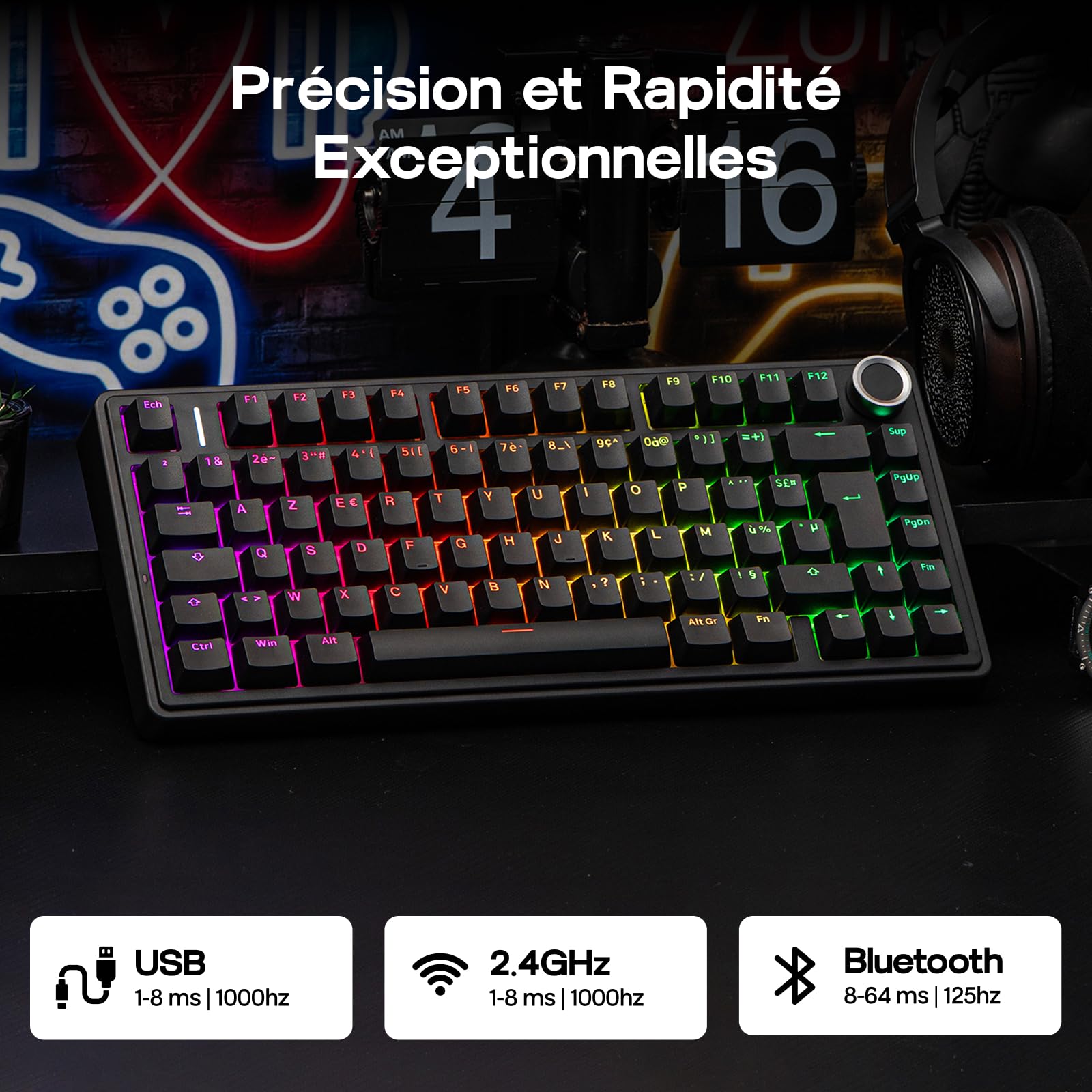 EPOMAKER Aula F75 ISO-FR Clavier Mécanique sans Fil, AZERTY 75%, Clavier Gaming Français avec Bouton Rotatif, RVB, Hot-Swap, Montage Gasket, Son Crémeux, BT/2.4Ghz/Filaire