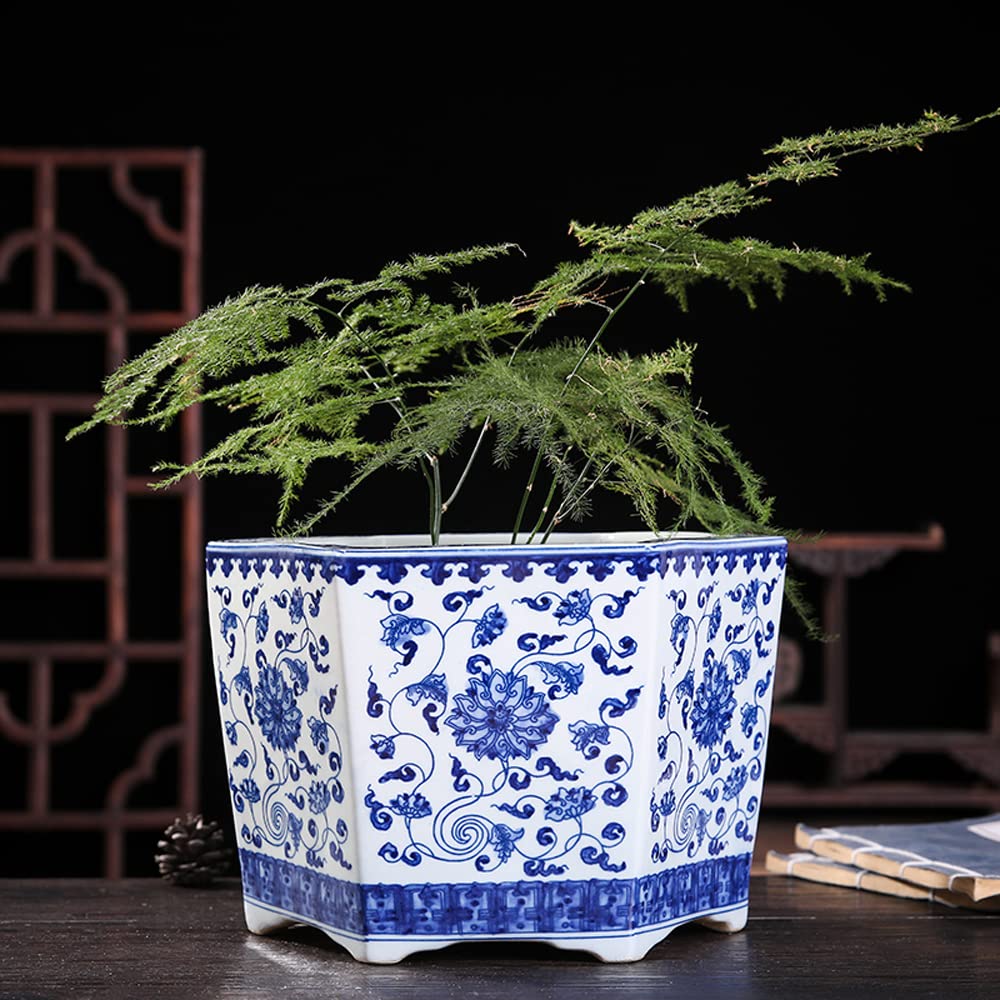 SWENEEN Chinoiserie Jingdezhen Hand Painted Blue And White Porcelain Flower Pot Ceramic Pot Large Indoor Household Green Plant Flower Gardening Potted Plant Large Flower Pot,