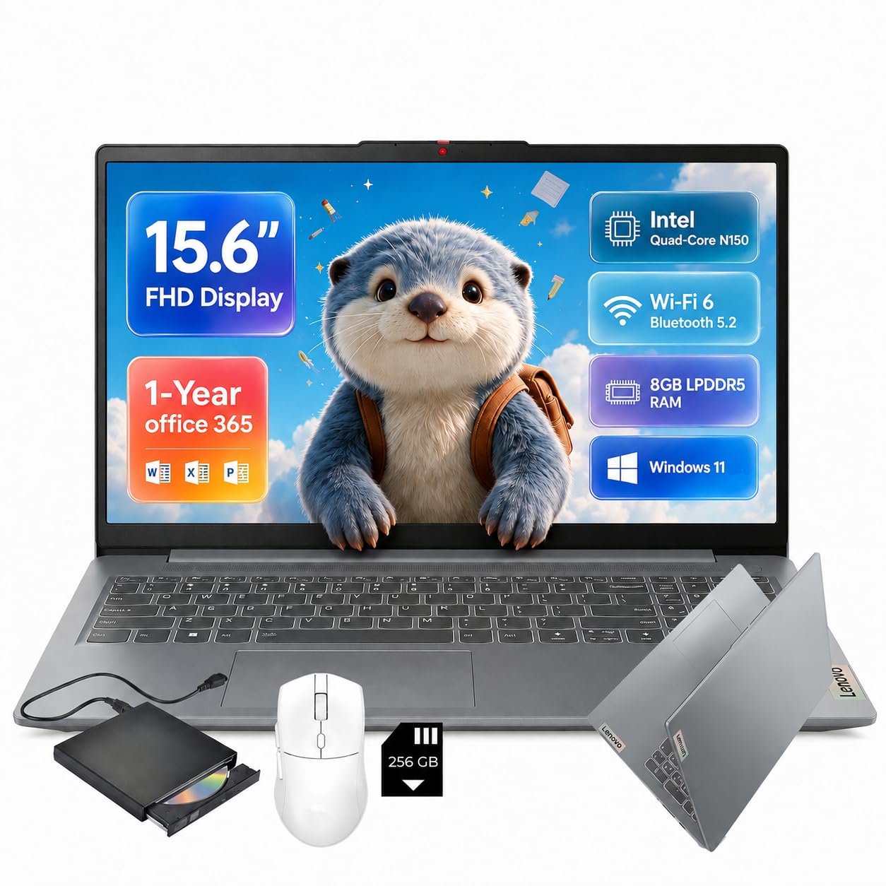 Lenovo 15.6-inch Laptop Home Office - 1-Y Office 365, FHD, WiFi 6, USB-C | Intel Quad-Core N150, 8GB LPDDR5, 128GB UFS, 256GB SD Card, Windows 11, Privacy Shutter, for Home Office & Student