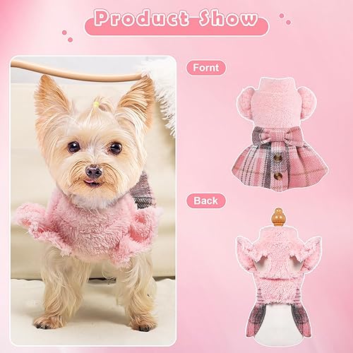 Miniatura 3 de Vestido de invierno para perro, ropa para perros pequeños, suéteres de perro a cuadros con corbatín ribete de volantes, vestidos de princesa, suéter