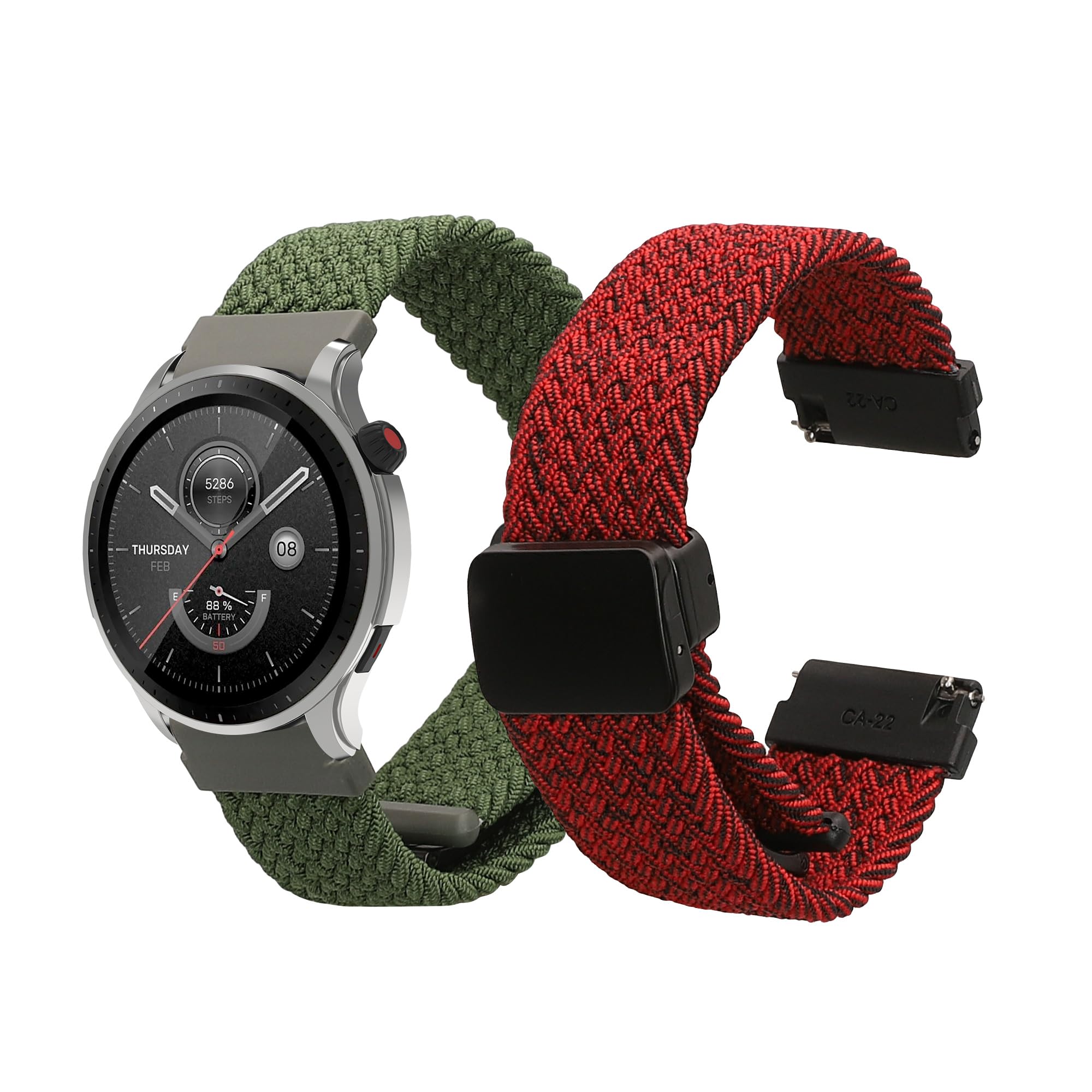 kwmobile Pulsera compatible con Huami Amazfit Bip 5 Unity/Amazfit Bip 5 / Amazfit GTR 4 correa - 2x Correas de Nailon Trenzado con Cierre de Imán - Tamaño ajustable - rojo/negro/verde oscuro