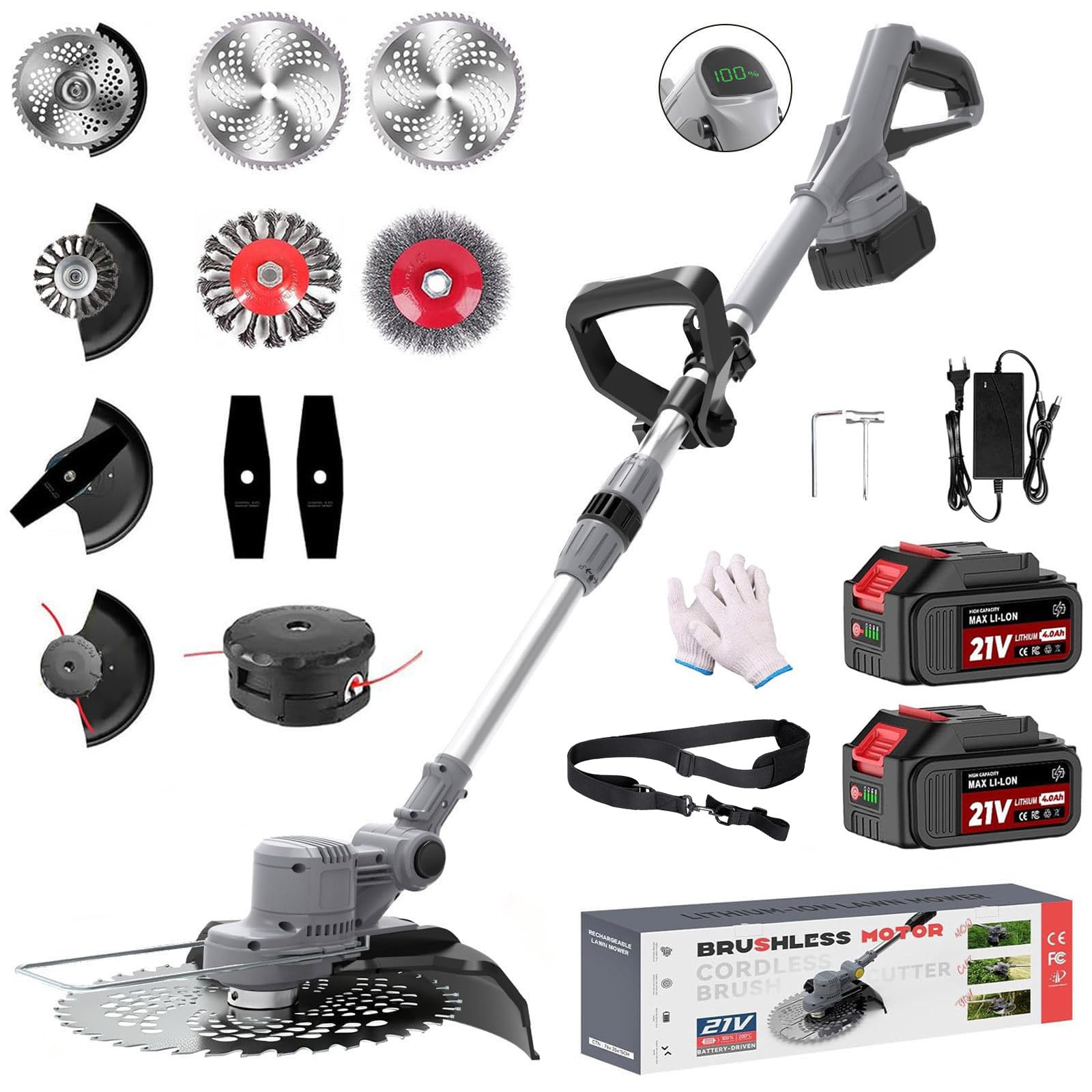 Rasentrimmer mit Akku 21V,Akku Rasentrimmer für Makita Akku,freischneider mit unkrautbürste,Mit 2X4.0Ah Akku & Ladegerät,750W Bürstenloser Motor