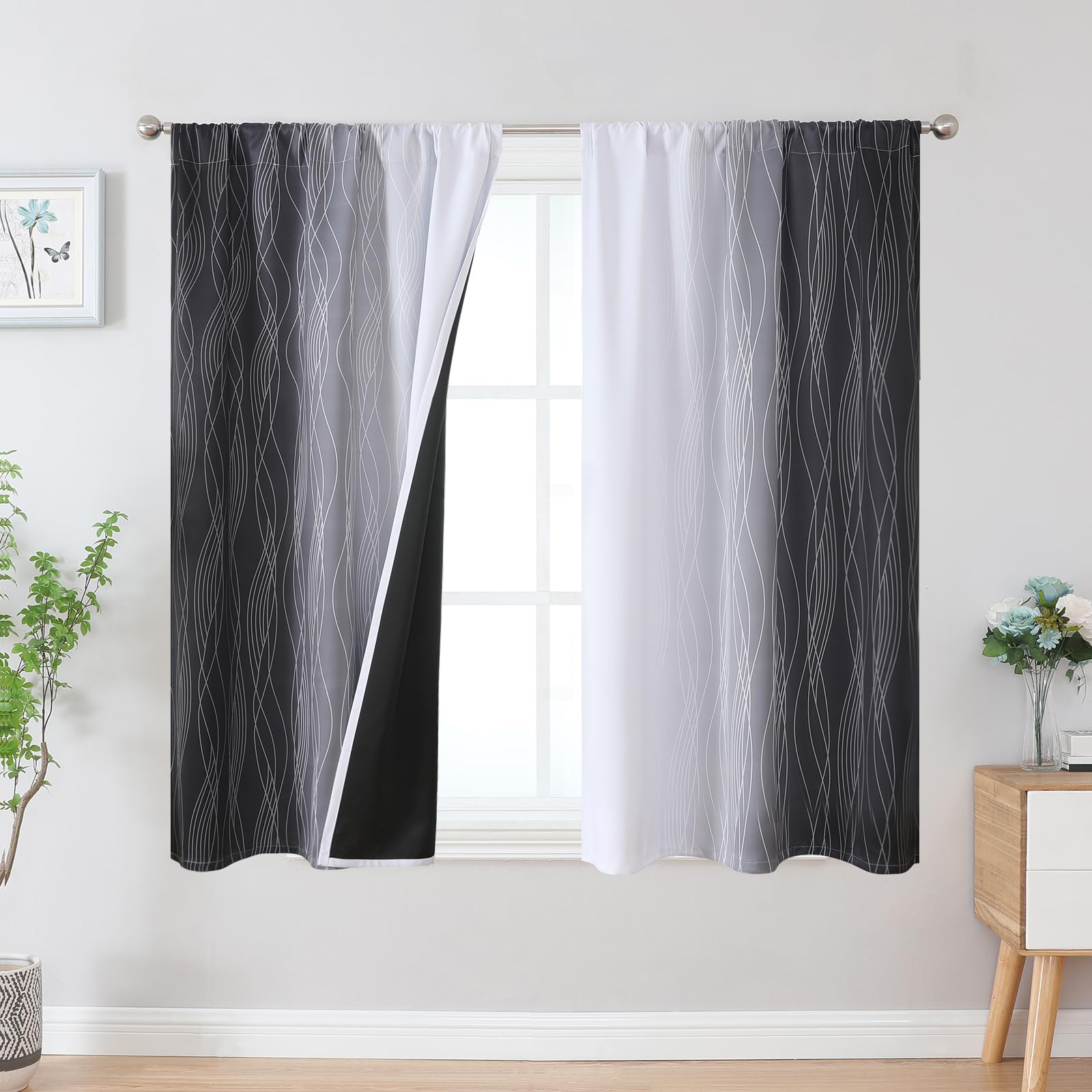 Estelar Textiler Black and Greyish White Blackout Curtains 54 Inch Length, Light Blocking Gradient Drapes for Kitchen, Thermal Insulated Rod Pocket Ombre Curtains for Bathroom,42Wx54L,2 Panels