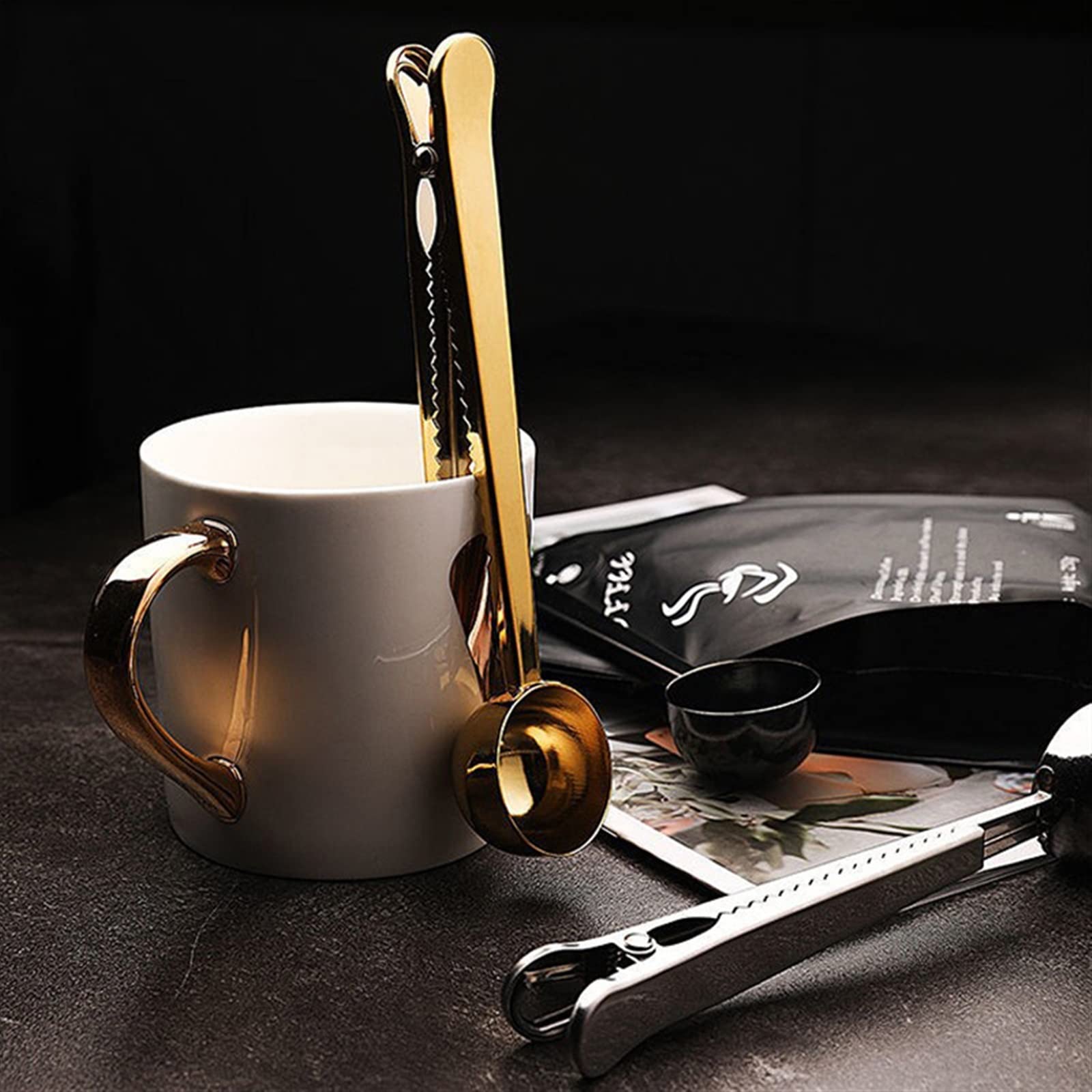 Cucharones de Cocina 2 en 1 Cuchara de café con Mango Largo y Clip para condimentos en Polvo de Cocina Cucharas medidoras de Buen Sellado Utensilios de café (Dorado) (Dorado)