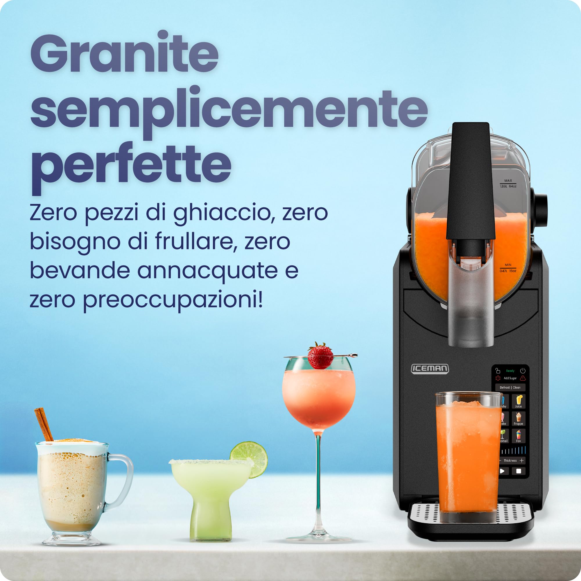 Iceman Macchina per Granita 1,89L, Niente Ghiaccio o Frullato, 5 Preset | per Margarita, Frappè e Shake, Touch, leva di erogazione, Nera
