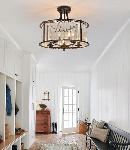 Miniatura 4 de 5-Light Black Semi Flush Mount Crystal Chandelier Metal Modern Ceiling Light Fixture Lighting for Living Room Dining Room Kitchen Bedroom Foyer