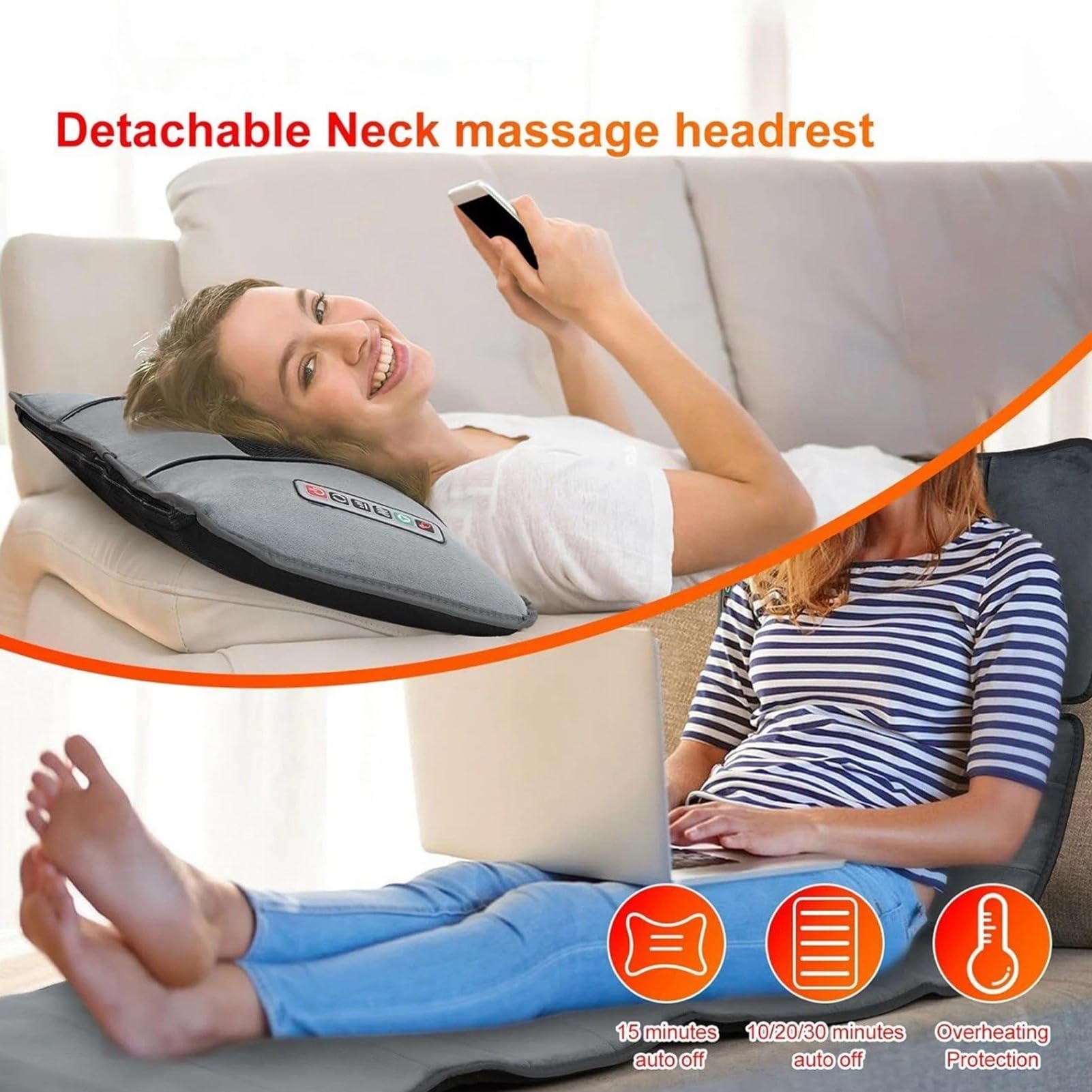 Tapis de Massage Shiatsu Chauffant pour Tout Le Corps avec 20 têtes de Massage Shiatsu pour la Nuque pour soulager Les douleurs du Dos, des lombaires et des Jambes (Gris Pelucheux)