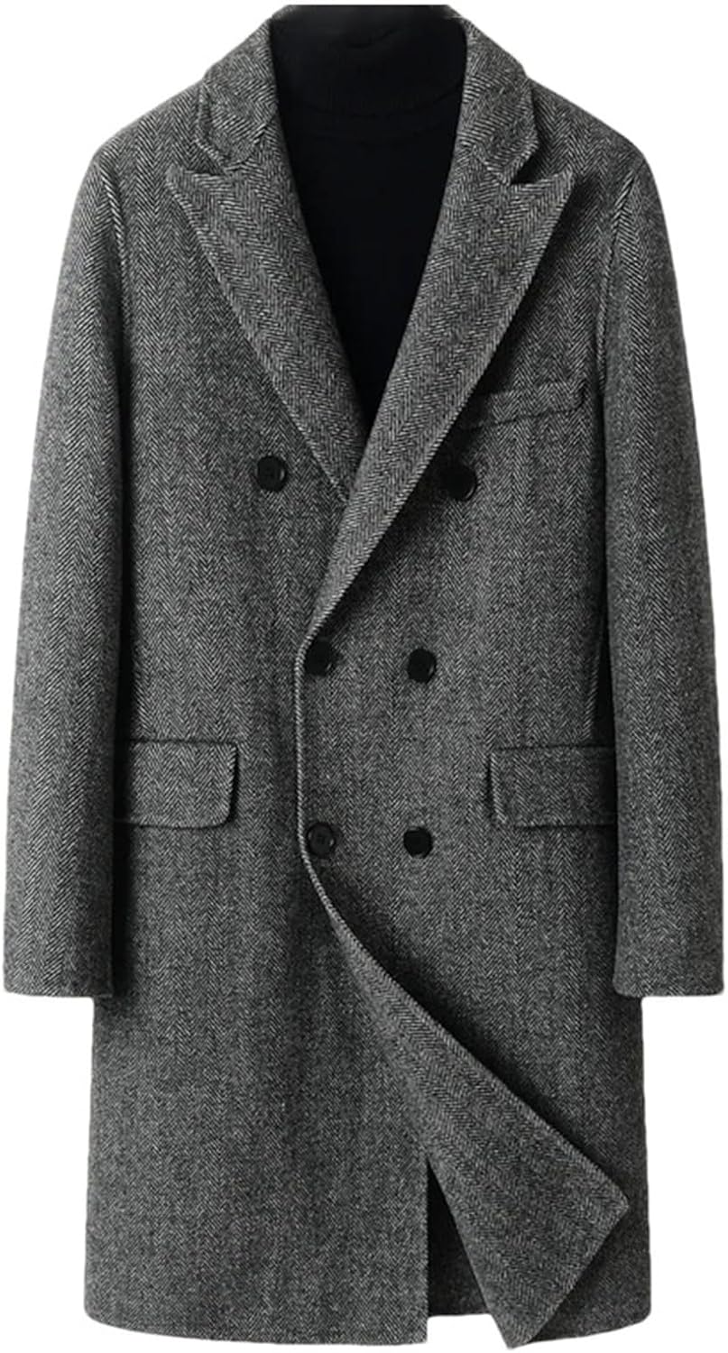 Men's Winter Jacket Wool Coat Double Breasted Herringbone Long Business Casual Double-Sided Trench Coats