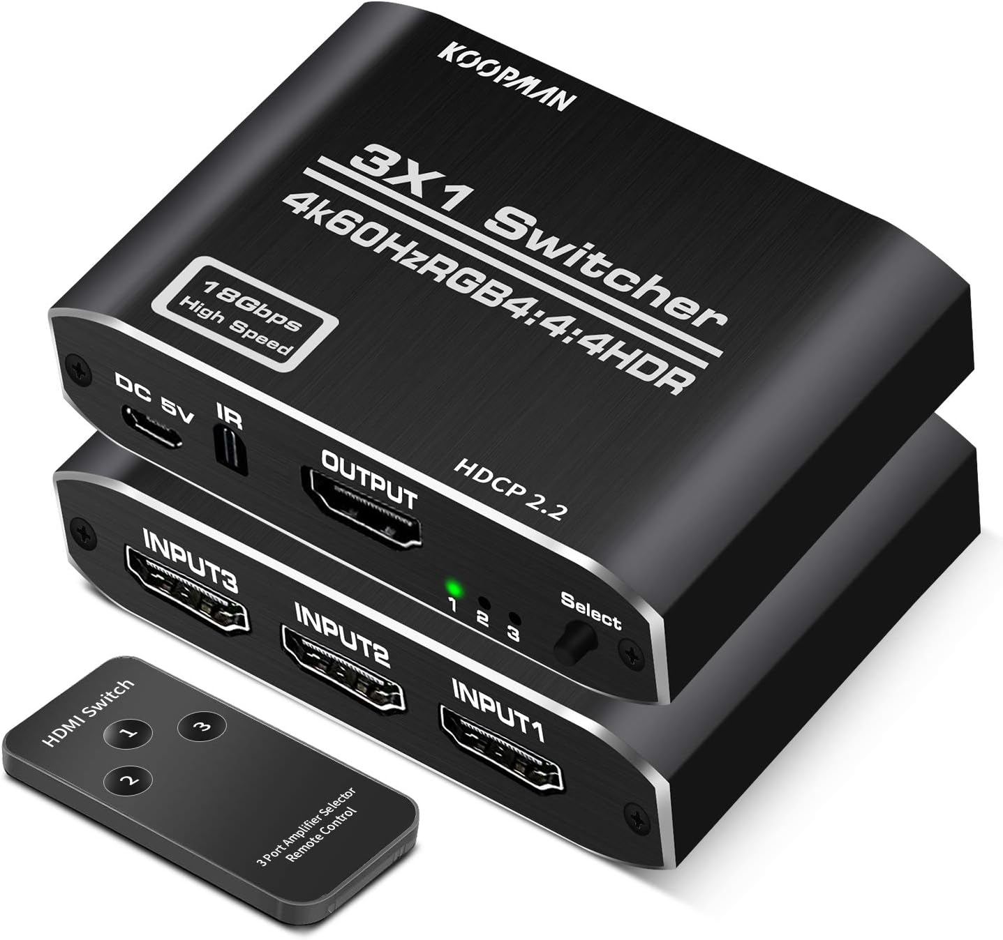 HDMI Switch 4K HDMI Splitter, Koopman Aluminum HDMI 2.0 Switch 3 in 1 Out, HDMI Switch with IR Remote Control, Supports HDCP 2.2 4K@60Hz HDR 3D HD1080P, HDMI Switcher for PS4 Xbox Apple TV Fire Stick