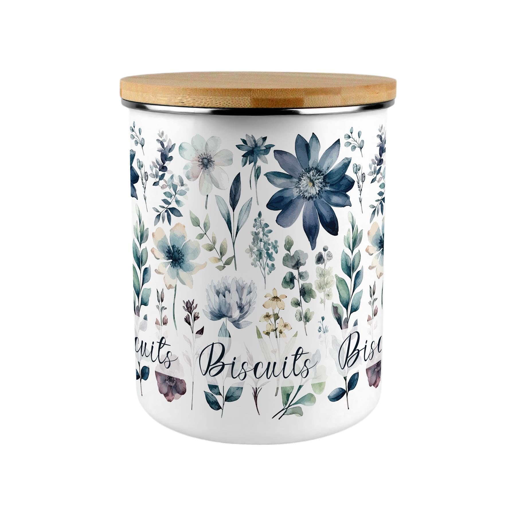 Blue Pastel Flowers Biscuit Storage Canister - Floral 2.7L Extra-Large Enamel Home & Kitchen Organisation Container