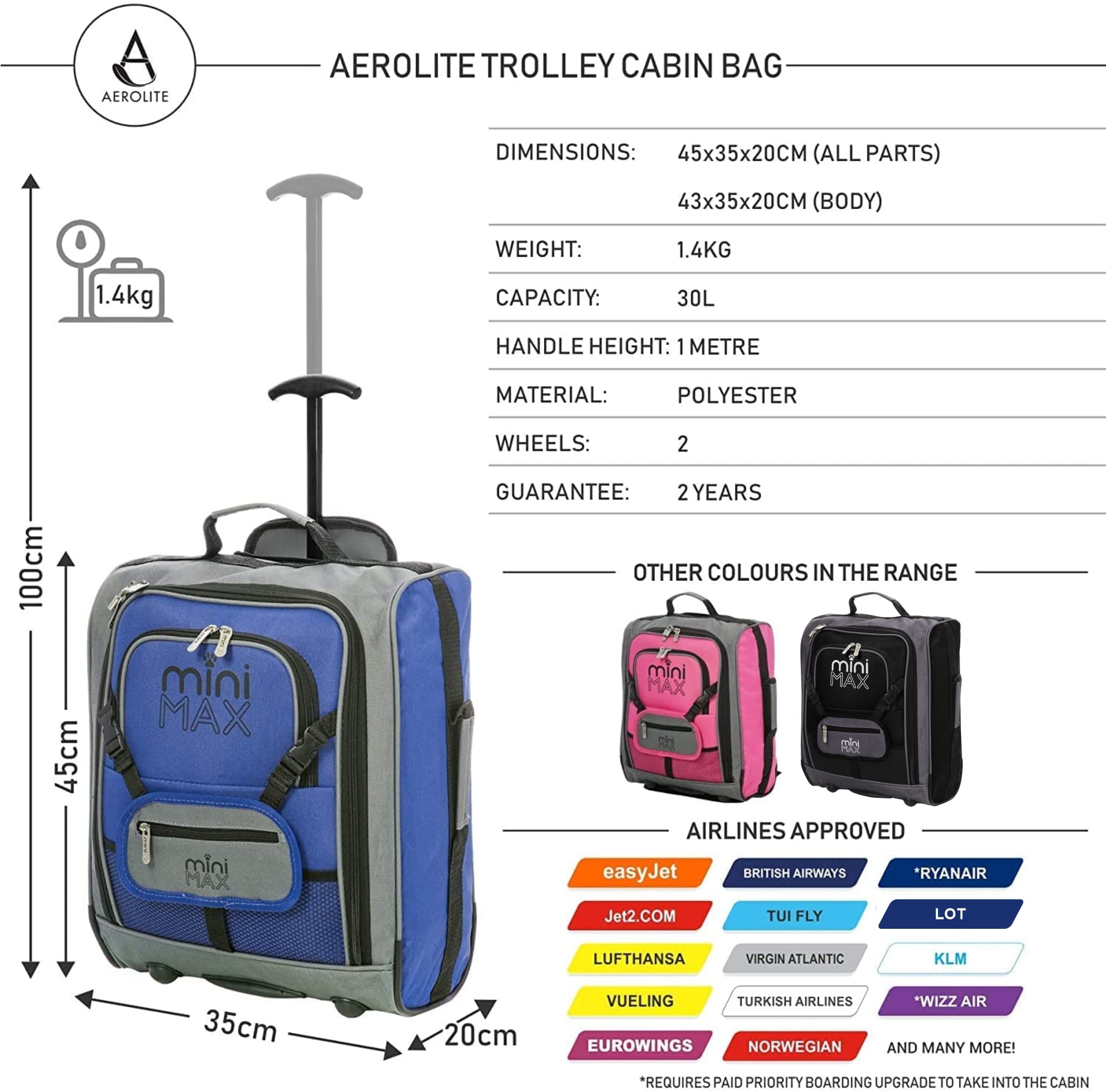 Aerolite MiniMAX Walizka dziecięca EasyJet 45 x 36 x 20 rozmiar maksymalny ręczny wózek 30 l pod siedzeniem wózek dziecięcy plecak na bagaż podręczny z 2 letnią , Niebieska, S, bagaż