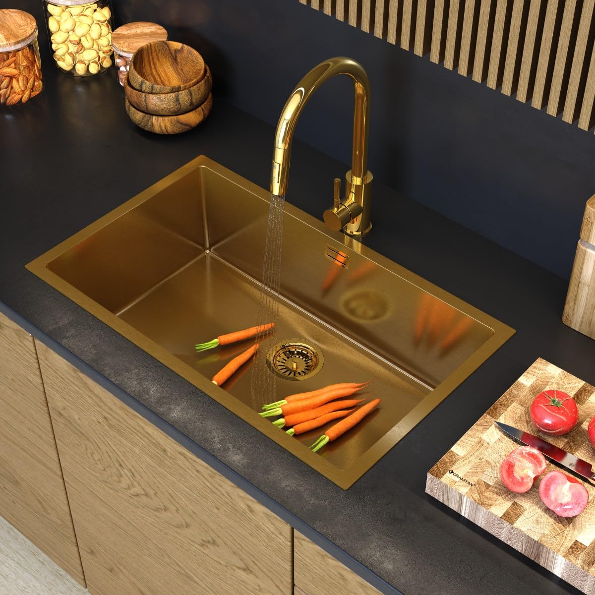 Granitan Évier de Cuisine en Acier Inoxydable avec Siphon 44,7x74,8 cm - Évier encastrable en Acier Silvo75 - avec trou pour Robinet - Or