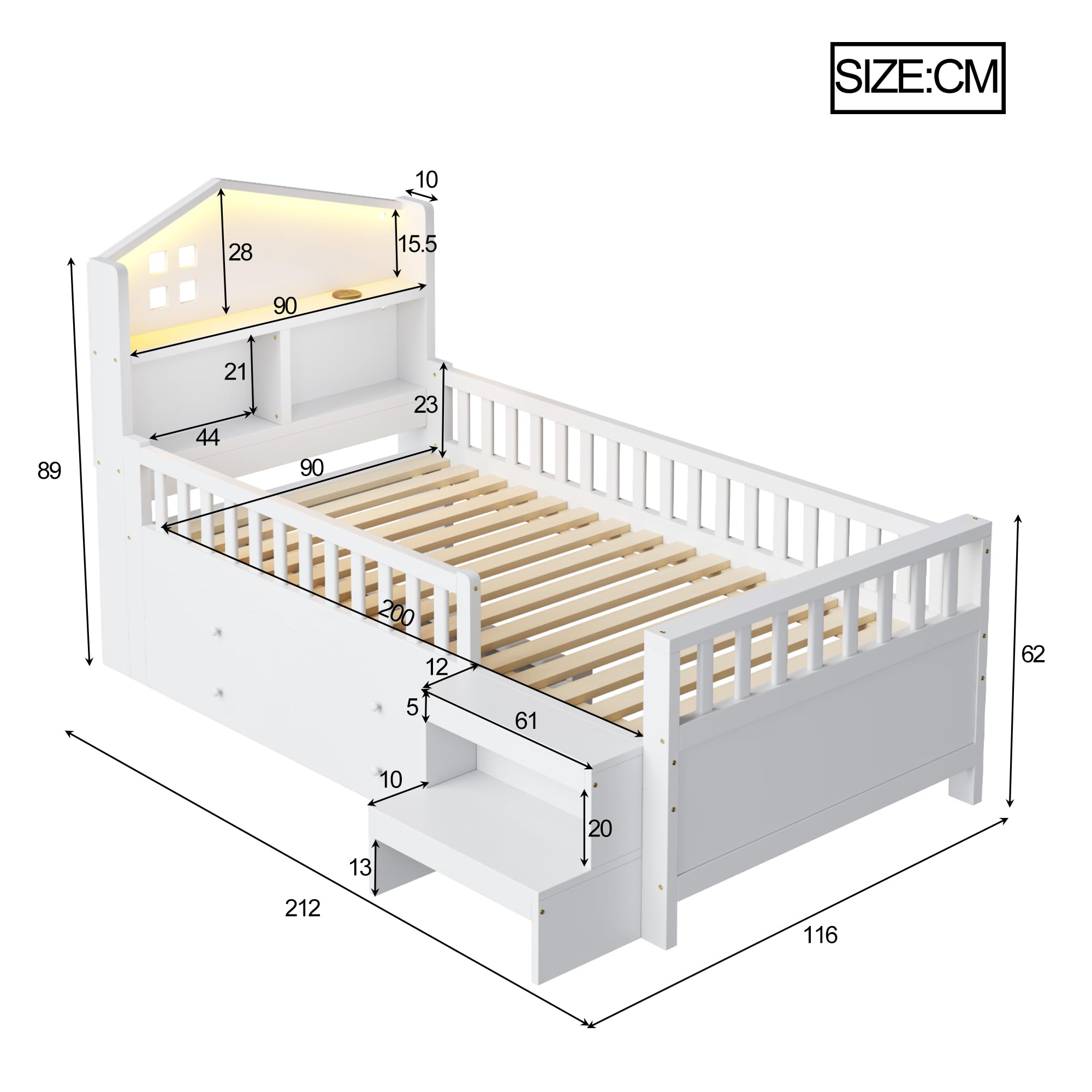 Soweiz Letto per bambini 90x200 cm, letto singolo con sponda di sicurezza, con quattro cassetti, con gradini, letto in legno massiccio con rete a doghe (bianco)