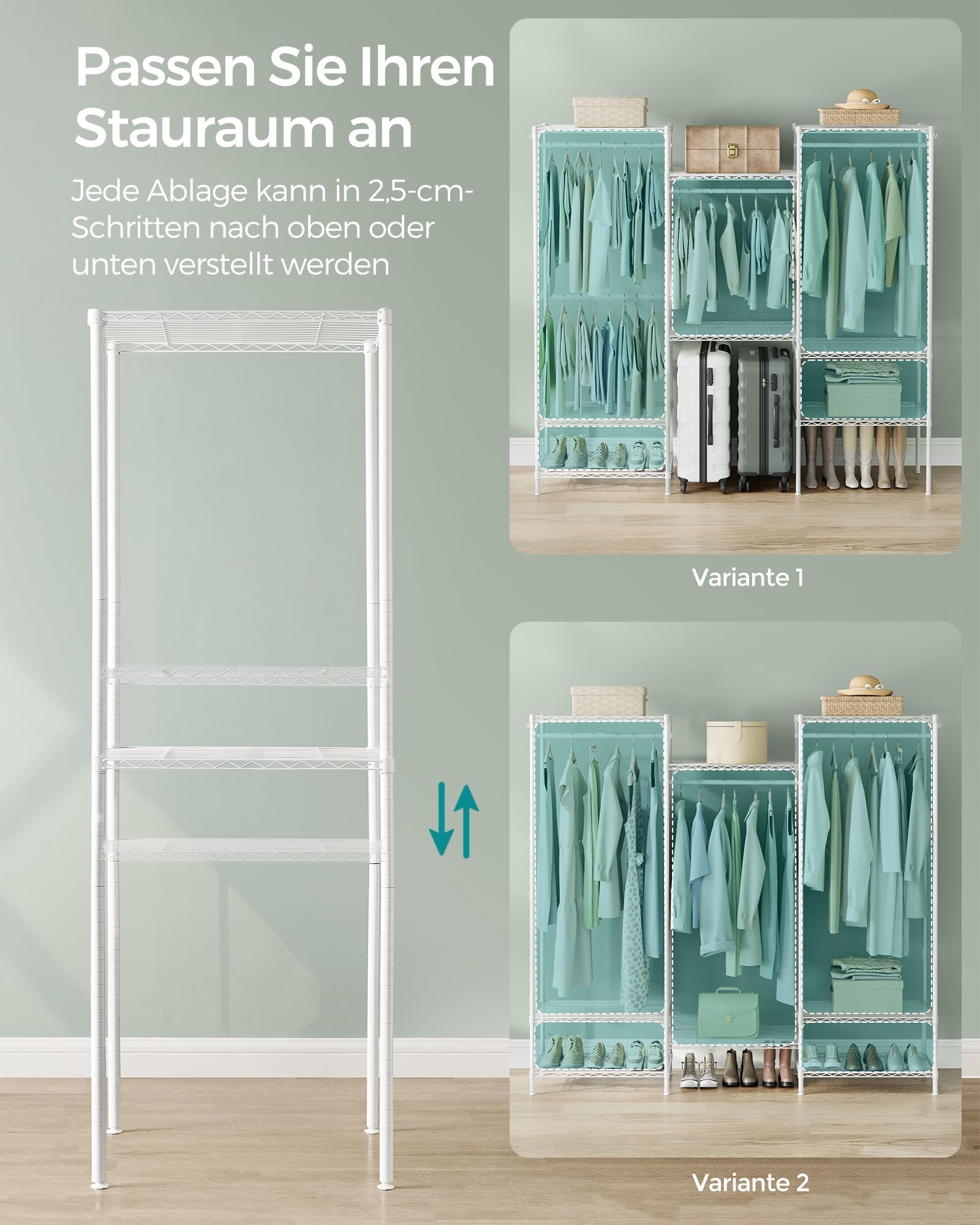 SONGMICS Kleiderschrank, Metallschrank mit verstellbaren Regalen, Kleiderstangen und Haken, langlebig, abnehmbarer Kleiderständer, Wolkenweiß LGR431W01
