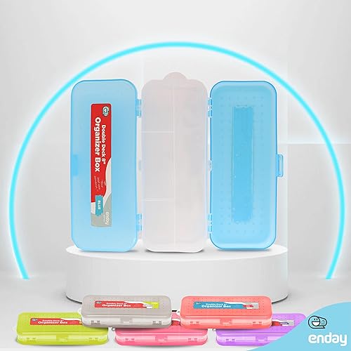 Miniatura 6 de Enday Caja de lápices azul, estuche de plástico de doble cubierta con 7 compartimentos, organizador de caja con cierre a presión para el hogar y la