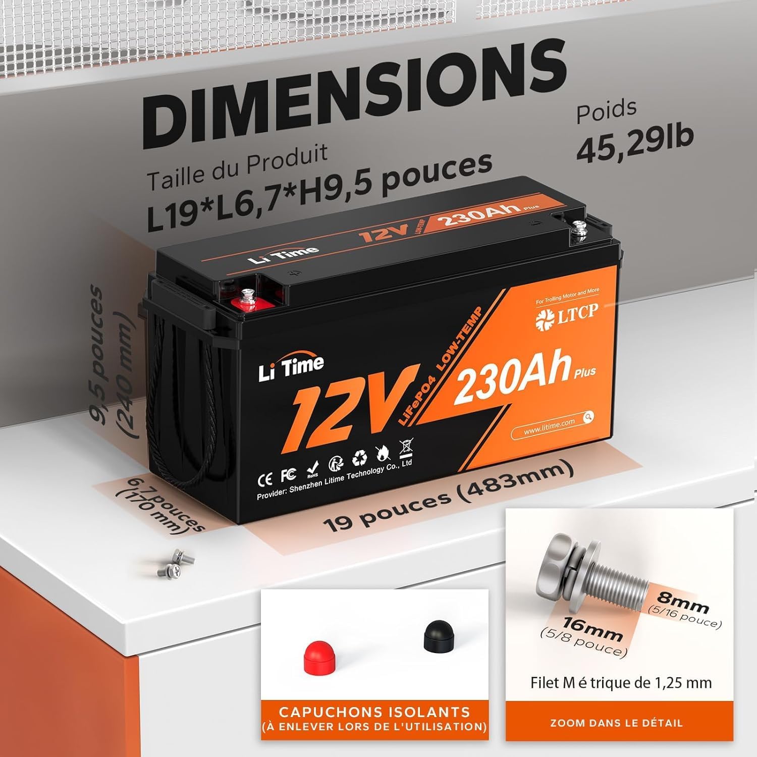 LiTime Batterie Lithium 12V 230Ah LTCP LiFePO4 pour Camper Van, Bateaux