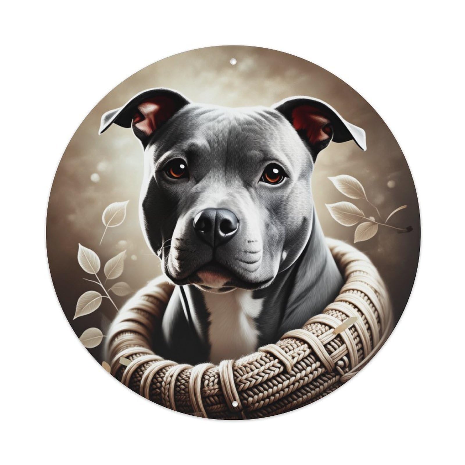 Dog Portrait With Leaves And Rope Round Tin Sign Vintage Metal Poster, Home Bar Garage Man Cave Cafe Indoor & Outdoor Wall Decoration 8x8Inches