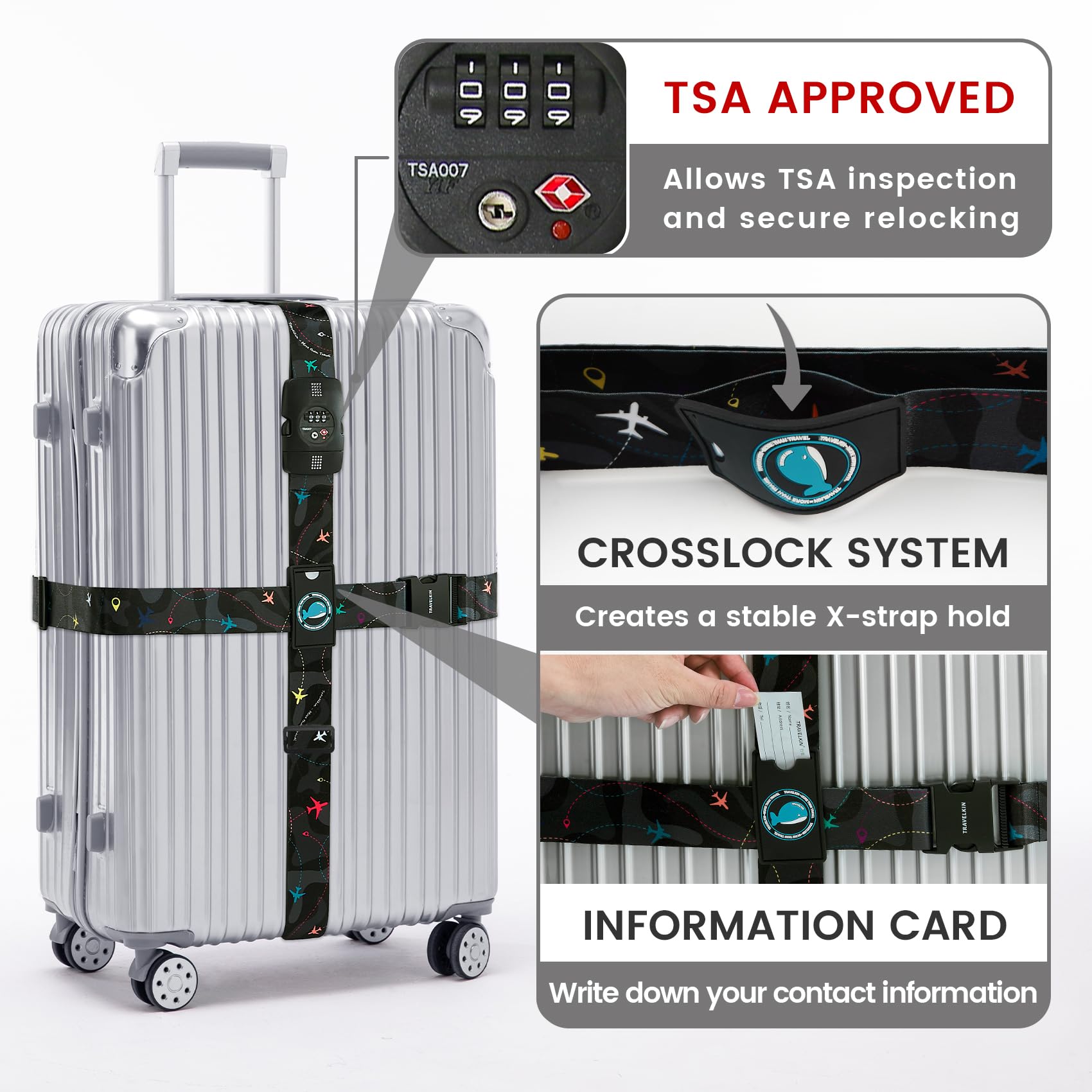 Travelkin - Cinghie per bagagli approvate dalla TSA, regolabili, incrociate, con lucchetto TSA, fibbia rinforzata, motivo unico, resistenti, per viaggi (motivo aereo, nero)