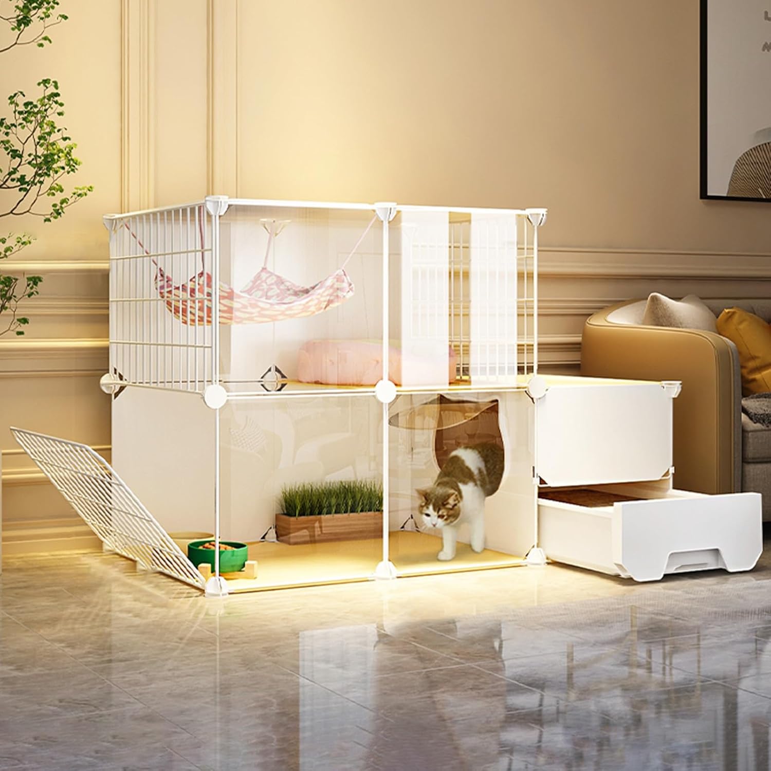 Large Indoor Cat Cage Villa - Transparent Playpen, Detachable Cat Enclosure with Platforms & Litter Box, DIY Pet Home, 28.3" L x 18.5" W x 42.1" H, Ideal for Cats