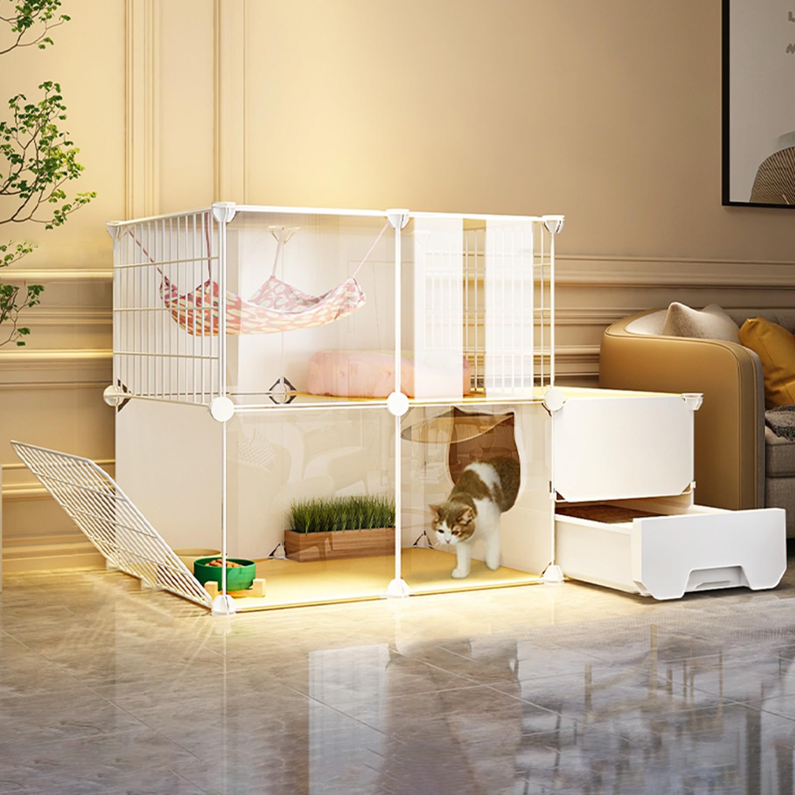 Cage pour chat transparente parc de jeu intérieur détachable avec litière