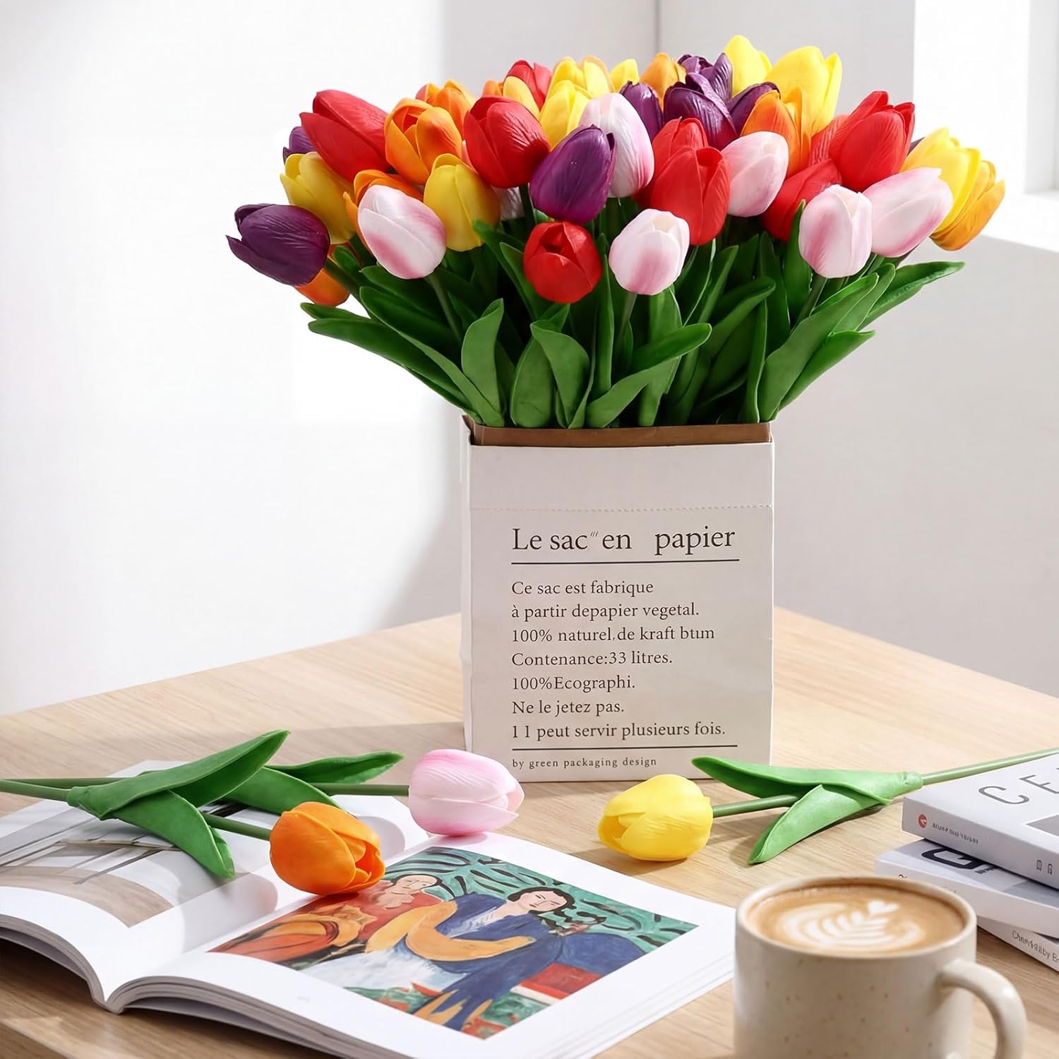 Janinka 75pcs Artificial Tulip Flowers Fake PU Tulips Faux Latex Bouquet Flower Centerpieces Arrangement Floral for Mother Day Wedding Spring Decorations (Pink,Red,Purple,Orange,Yellow)
