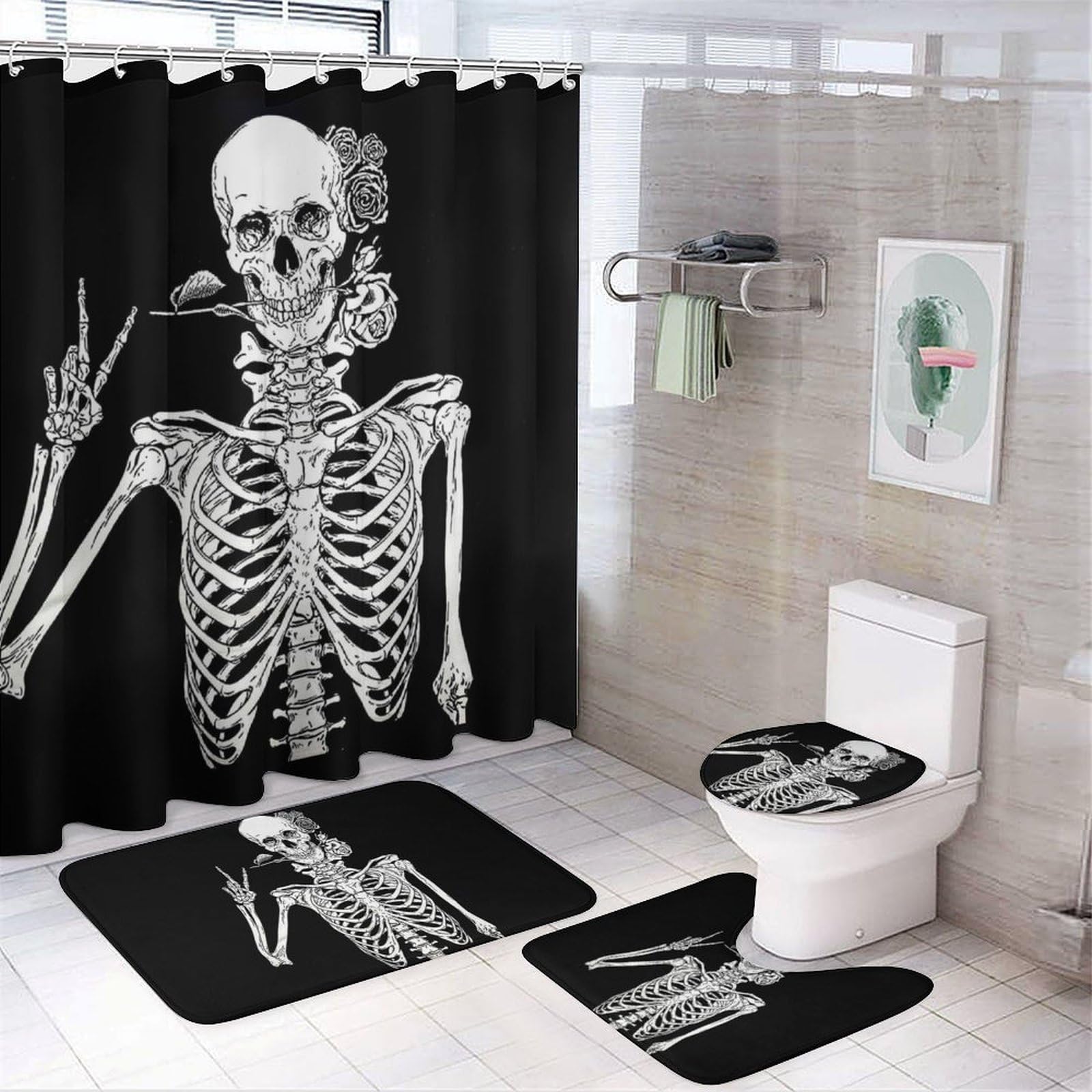 JZemdybill Bathroom Mat Set 4 Piece, Funny Rock And Roll Skeleton Skull Shower Curtain with Non-Slip Bath Mats for Bathroom