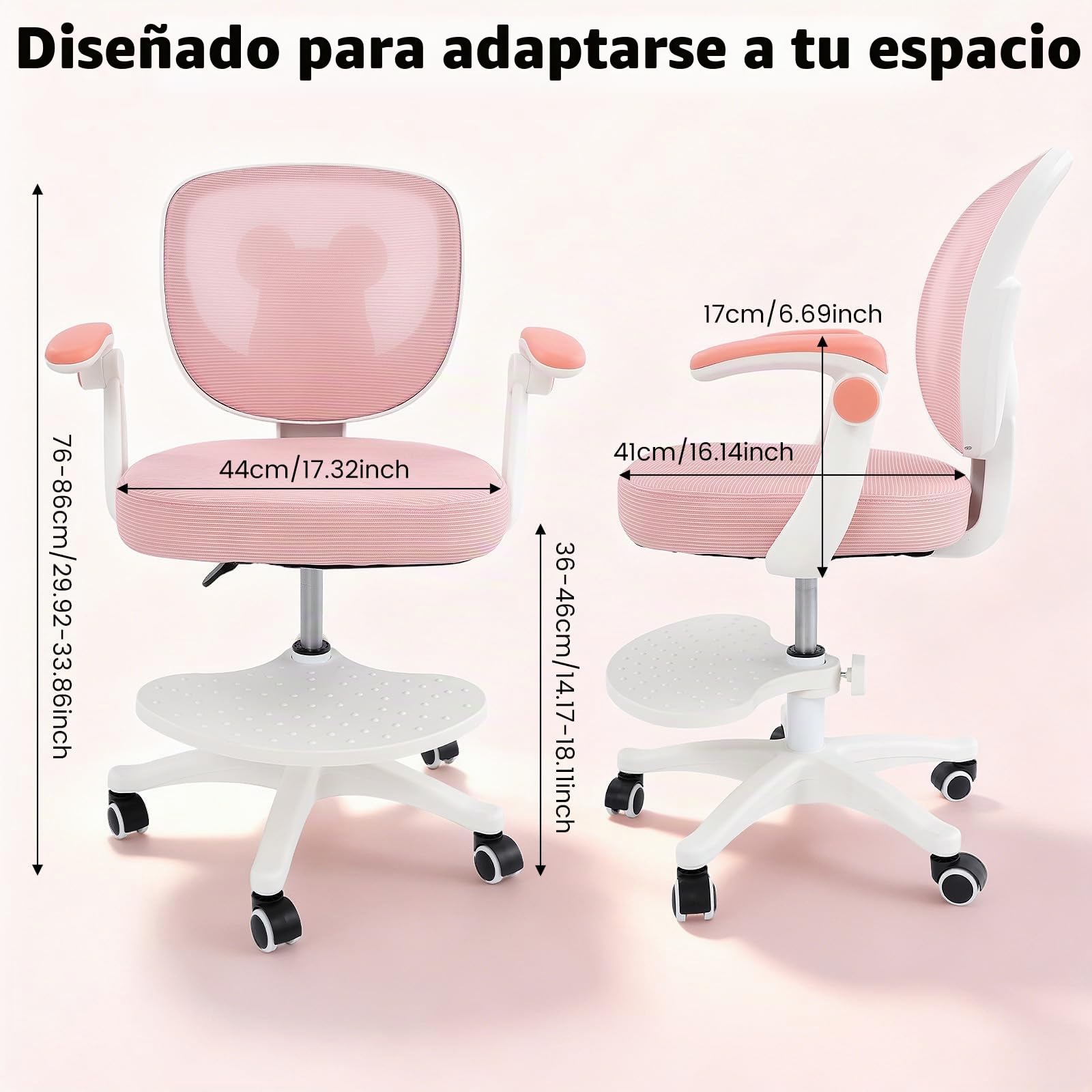 Silla de escritorio infantil giratoria de 360°, altura del asiento de 36 a 46 cm, altura regulable, silla ergonómica de oficina con ruedas, silla juvenil con respaldo y reposabrazos