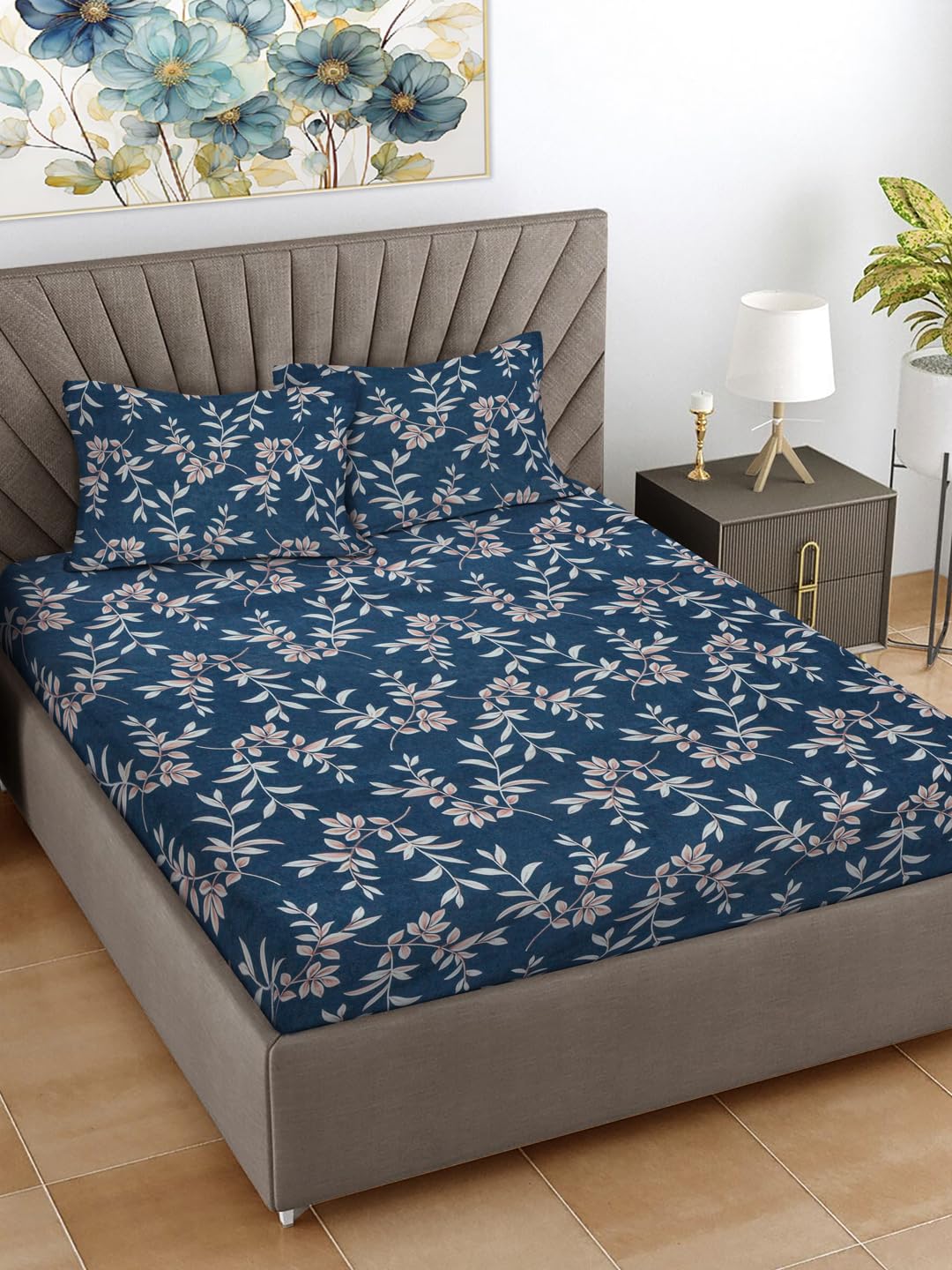 FABINALIV Blue Floral 300 TC Cotton Blend King Size Double Bedsheet with 2 Pillow Covers (FLBS-1356-Blue)-picture-11