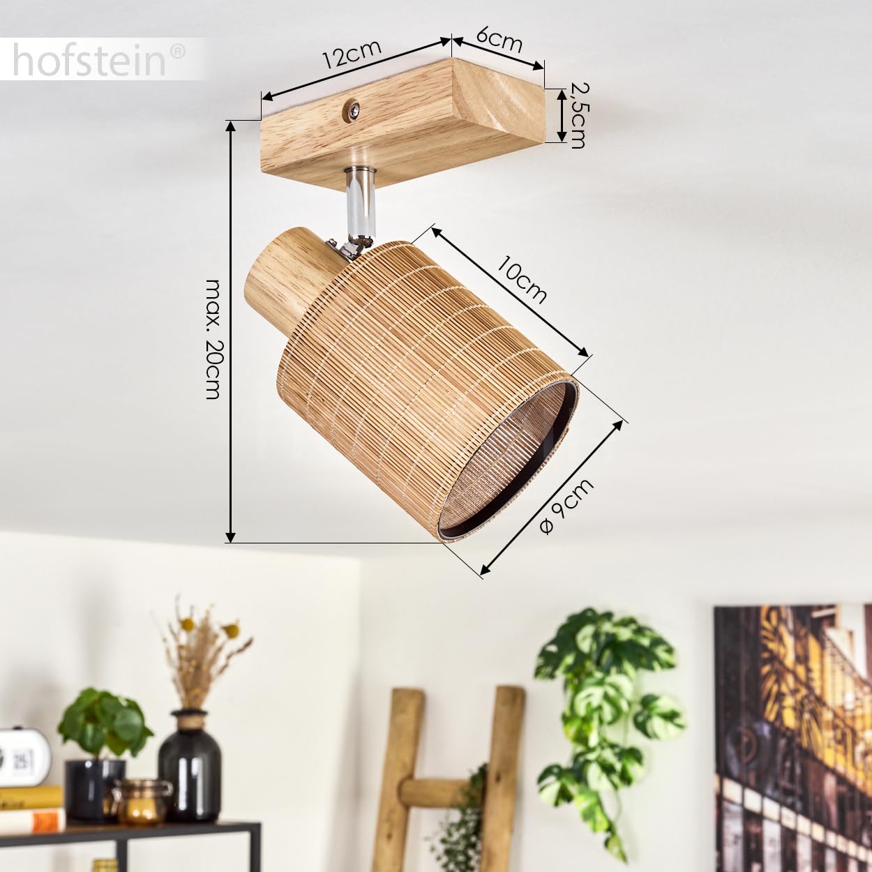Lampada da soffitto Kinnared, lampada moderna in legno/metallo/bambù nei colori naturali/cromati/marrone, a 1 luce dal design scandinavo con riflettore regolabile, x E14, senza lampadina