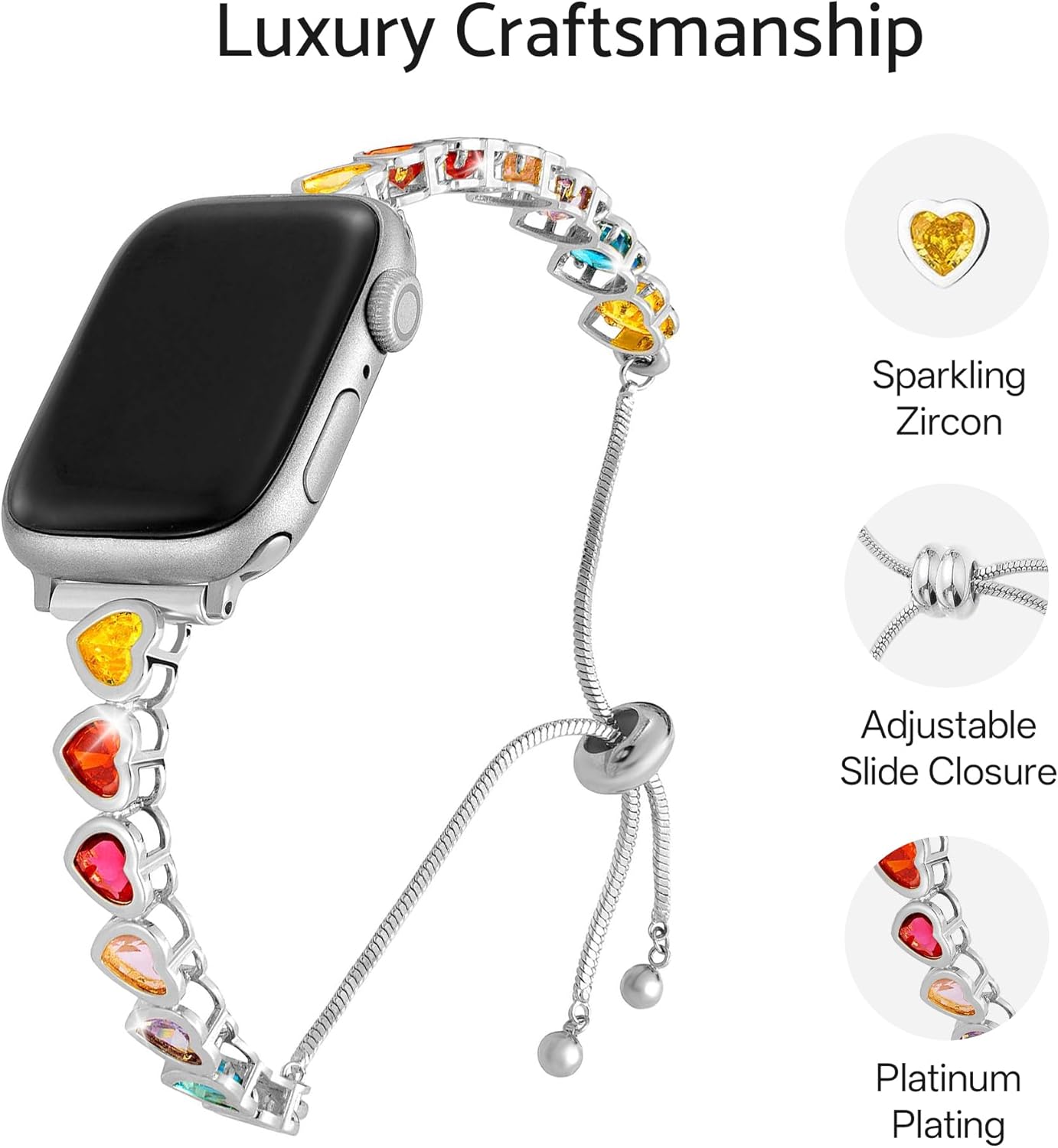Rainbow Love Metal Watch Band for Women, Copper Heart Bangle Bracelet Compatible with Apple Watch 38/40/41/42/44/45/46/49mm Ultra SE Series11/10/9/8/7/6/5/4/3/2/1, Dressy Strap
