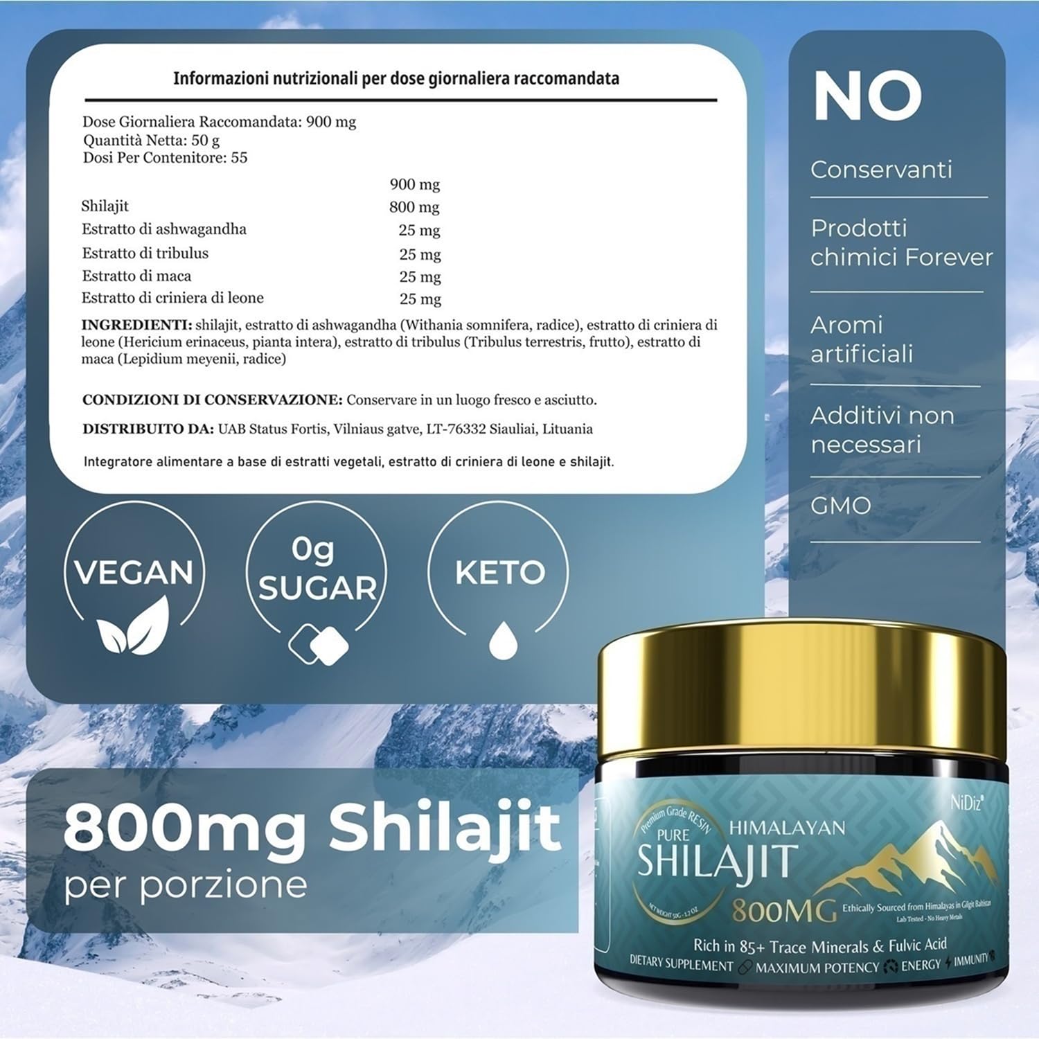 100% Shilajit Himalayano Puro 800MG, Erbe Ayurvediche 5 in 1, Testate in Laboratorio in Europa, 50g