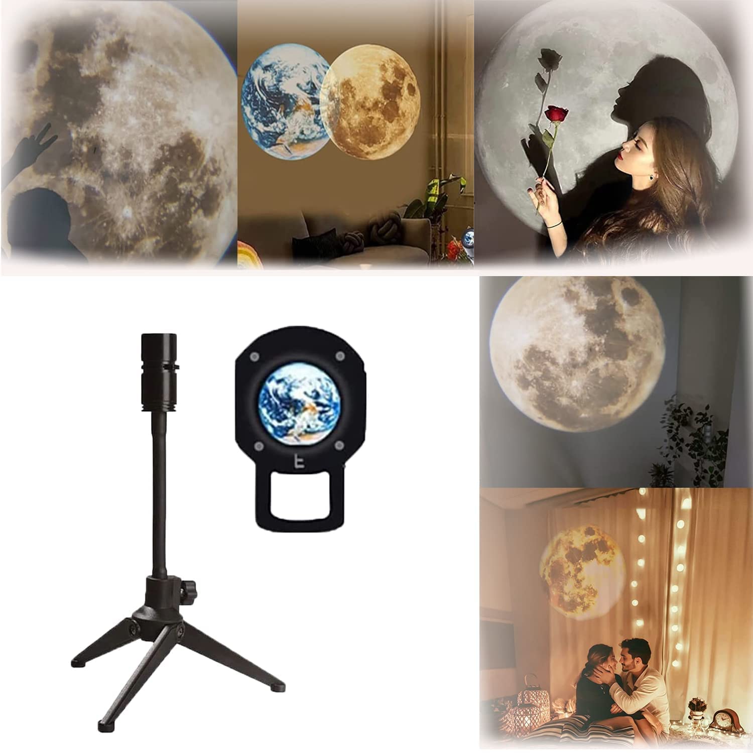 Lampa projekcyjna Moon Earth, obrotowa lampa LED projektor Starry Sky Akumulator USB, projektor 3D Lampka nocna Earth Moon Lamp z uchwytem dla dzieci imprez domów Światło otoczenia,A