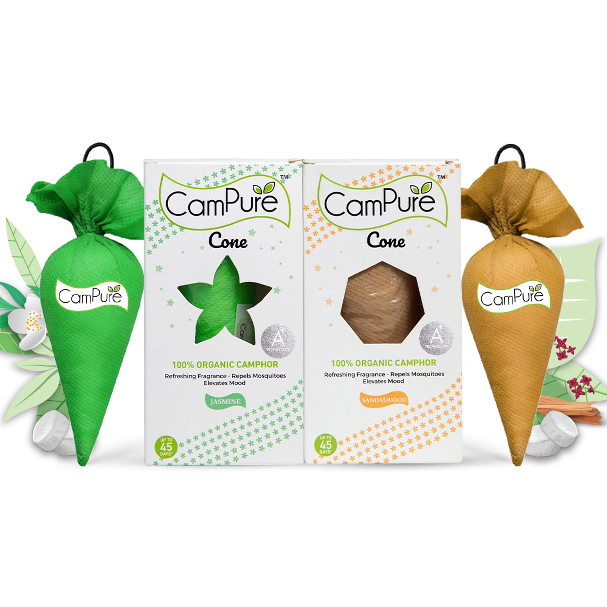 CamPure Camphor Cone (1 Jasmine + 1 Sandalwood) Pack Of 2-100% Organic | Air Freshener For Car, Wardrobe, Office Cabin's, Drawers, Travel Bag & Bathroom