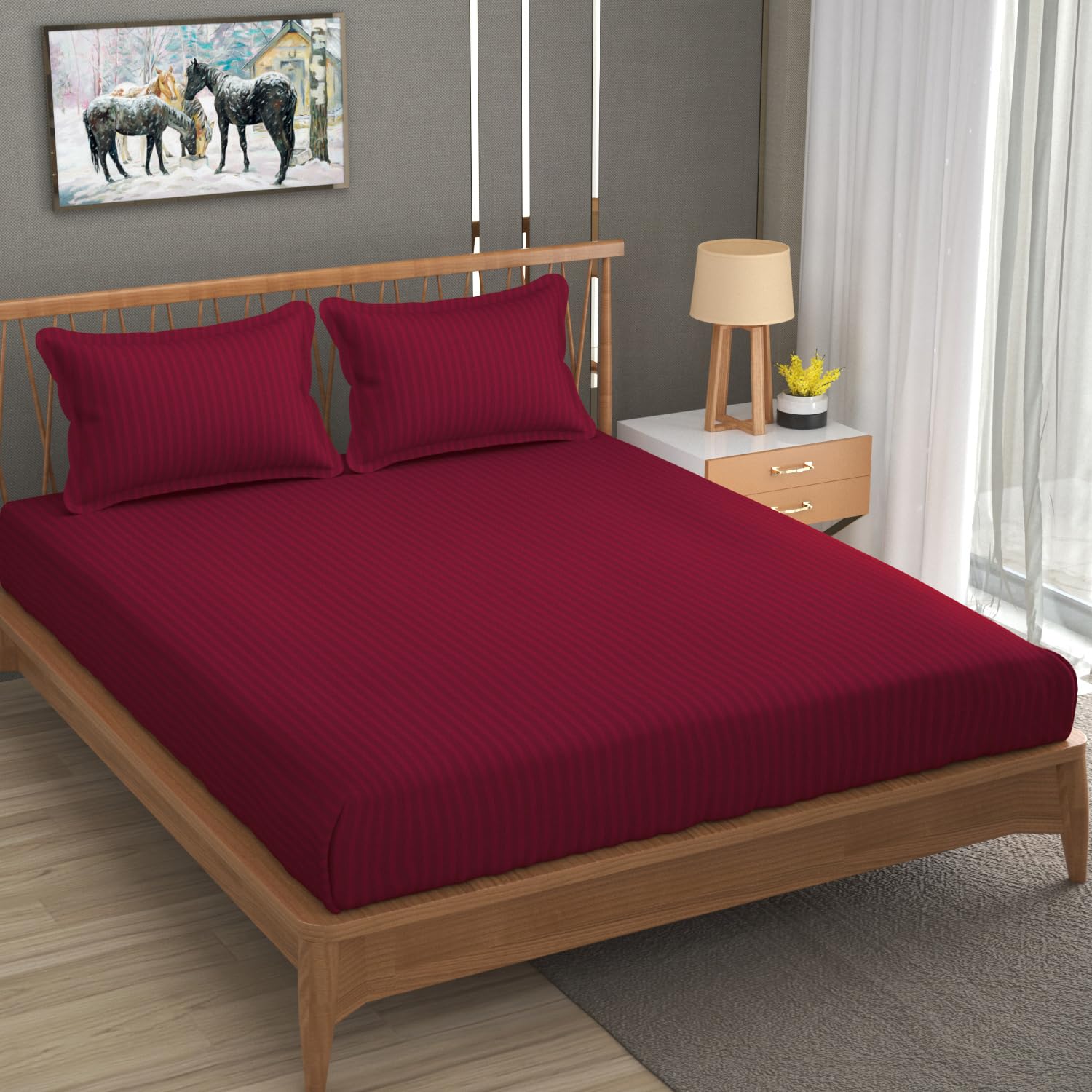 Homefab India 160 TC Stripe Cotton Feel Glace Cotton Elastic Fitted King Size Double Bed Bedsheet with 2 Pillow Covers Fits Upto 6 inches Mattress, Size-72X78 inches, Maroon