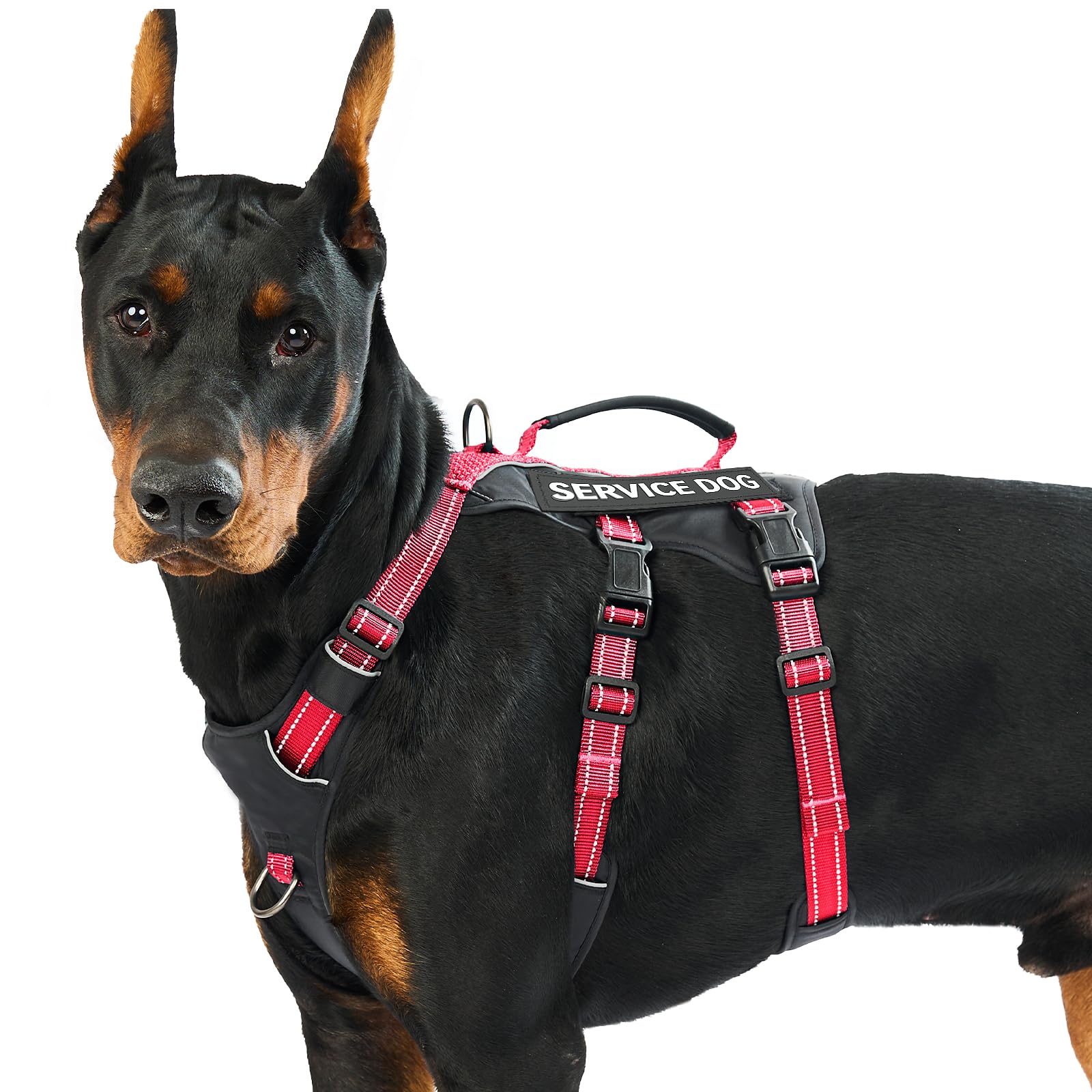 Huntboo Escape Proof Dog Harness Large Dog, Service Dog Harness with 6 Patches, No Pull Harness for Dogs with Handle, Reflective Adjustable Vest for Training, Walking, Outdoor (Red,L)