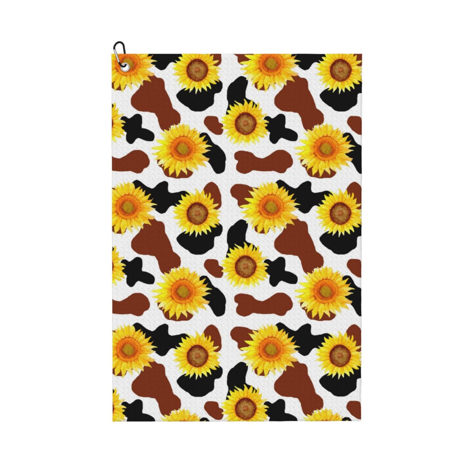 AOOEDM Sunflower Cow Print Golf Towel with Carabiner Clip Absorbent Microfiber Golf Towel for Cleaning Golf Ball Club Putter Iron for Golf Bag Trolly Belt Loop 16" X 24"