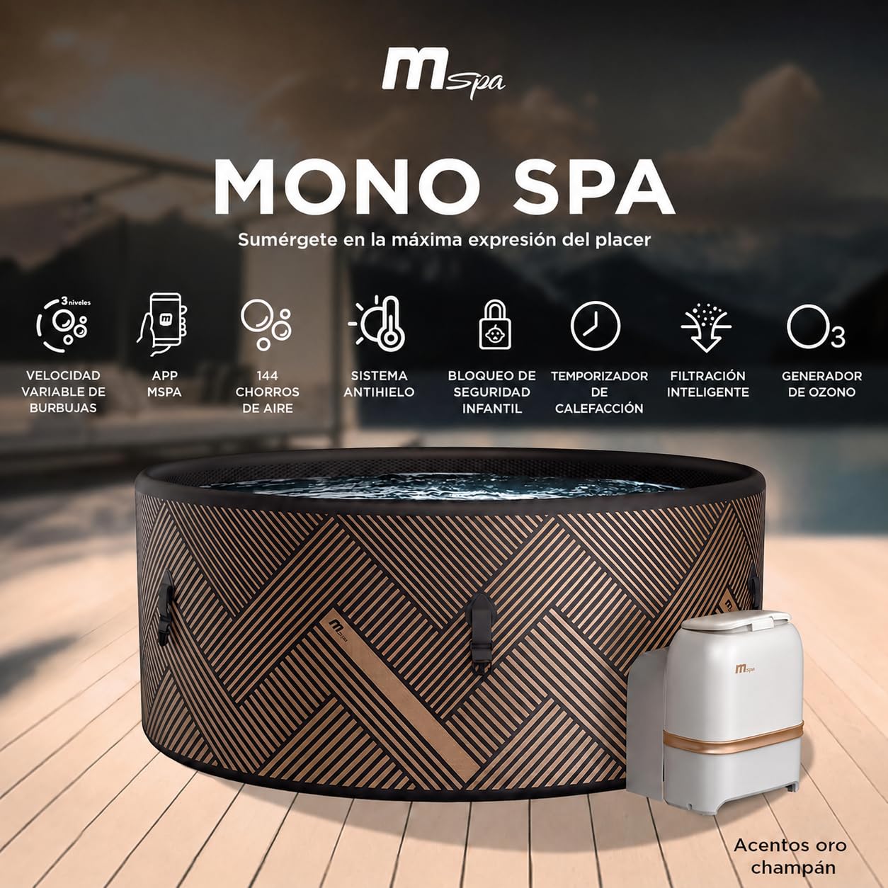 MSpa Mono-Eco SPA Hinchable semirrígido Circular 6-8 Personas con hidromasaje Air Jet, calefacción, filtración Inteligente, ozono y desinfección UVC